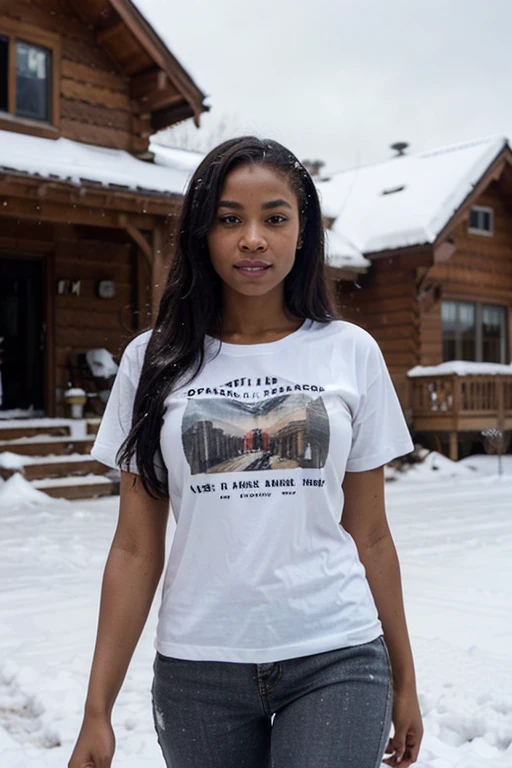 African American female, long hair, wearing a t shirt in the snow, at her home
