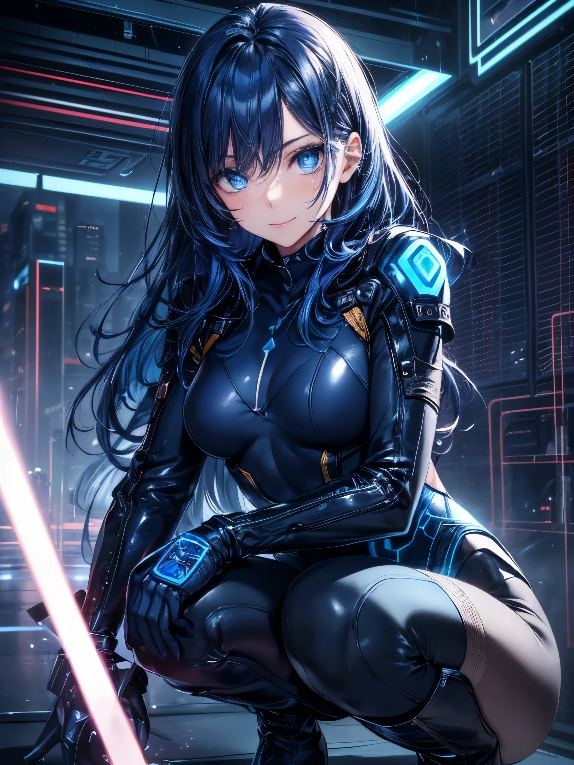1 girl、solo、looking at the viewer、(若いcute美しい18歳の女の子:1.1)、3d face、beautiful girl、beautiful features、cute、Girlface、K-POP idol、Supermodel、Stunning innocent symmetrical face、(Hands of Guido Daniele)、perfect body、medium breasted、slim waist、slim legs、(high detail skin:1.2)、shining eyes、Skyscraper、weapons of the future、clean face、shiny hair、Proper body proportions、perfect anatomy、realistic skin texture、luscious lips、glossy lips、natural makeup、beautiful bright pupils、slender body shape、complicated eyes、detailed pupil、 detailed face and eyes、long eyelashes、blush、good hand、perfect hands、pretty face、beautiful female body、fine skin、oily shiny skin、(((((mechanical harrow、star halo、complex mechanical bodysuit、Navy blue and black bodysuit、full armor、(Colorful glow floating:1.2)、(Energy Beam:1.3)、(Highly detailed worn metal texture:1.3)、Science fiction、(dark blue hair、Navy Blue theme、Blue coloring、blue eyes:1.3)、very long hair、(A person who emits an aura from his body:1.4)、(青いsolo、lonely girl、shortcut、light on face、Because I&#39;m slender、metal gear、cyberpunk style、（perfect body：1.4）、sparkling blue eyes、Black and navy blue bodysuit、tight fitting clothes、clothes that cover the whole body、clothes that hide skin、very delicate and beautiful、Because I&#39;m slender、gentle smile、heroine、Knee-high boots、gloves up to the elbow、clothes that hide skin、positive、squatting down