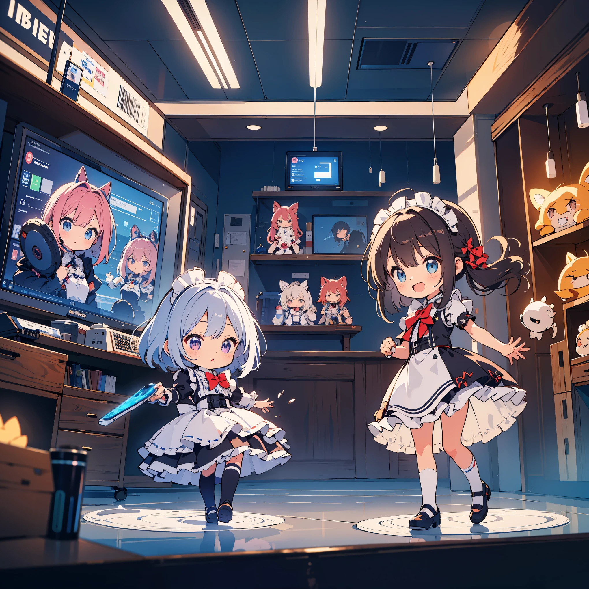 absurdres, best quality, ultra detailed 8k cg render, extremely detailed, robot girls, maid, chibi, a few charging their batteries, a few fully charged is dancing, They are programmed just to do anything you want them to.