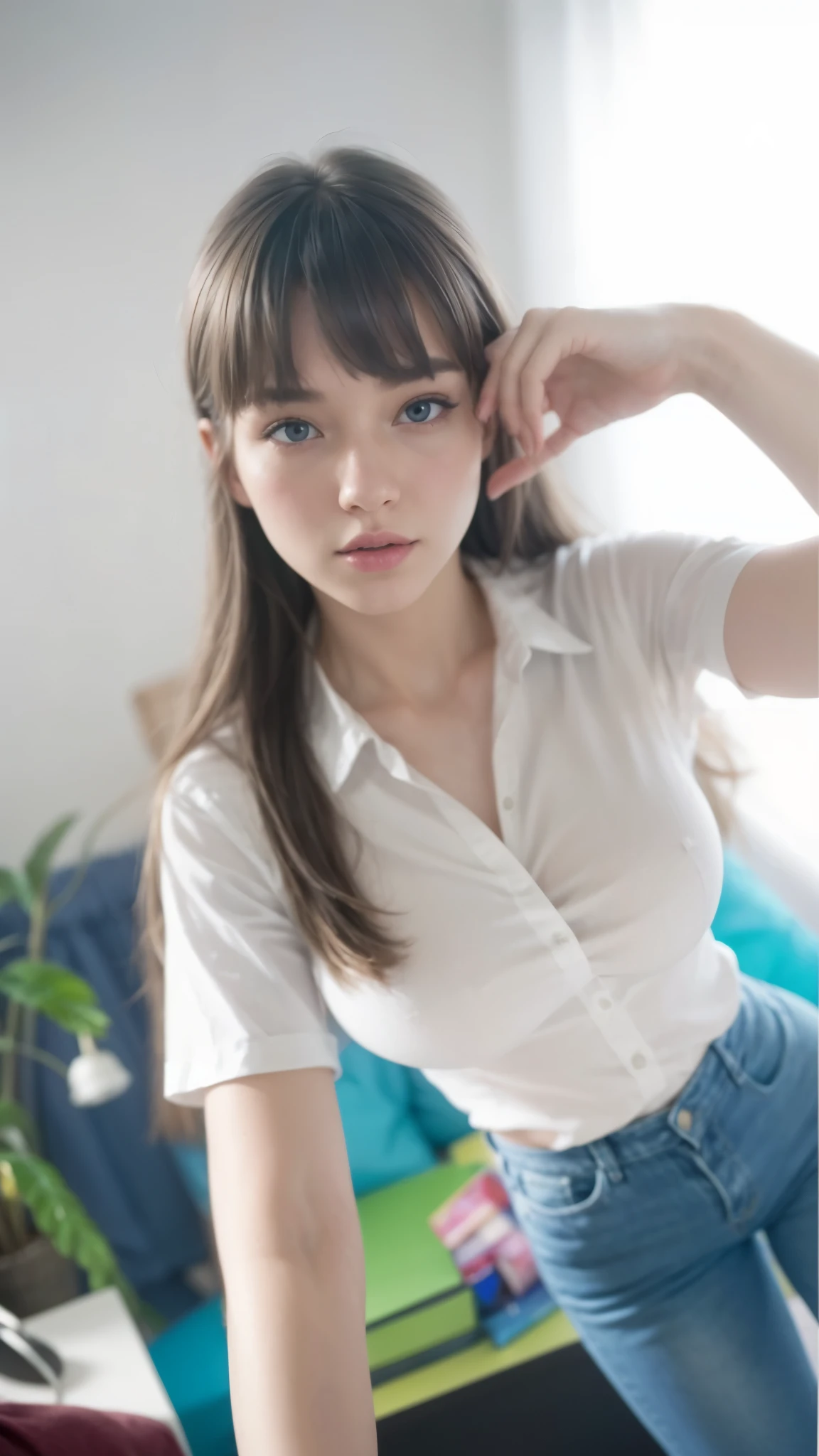 Masterpiece , best quality , ultra high res , photorealistic ,detailed body, a girl is standing , selfie from above , white skinned body , chinese , white shirt and blue jeans , big  , tight shirt, breast cleavage , HDR ,hyper realistic ,portrait ,solo 