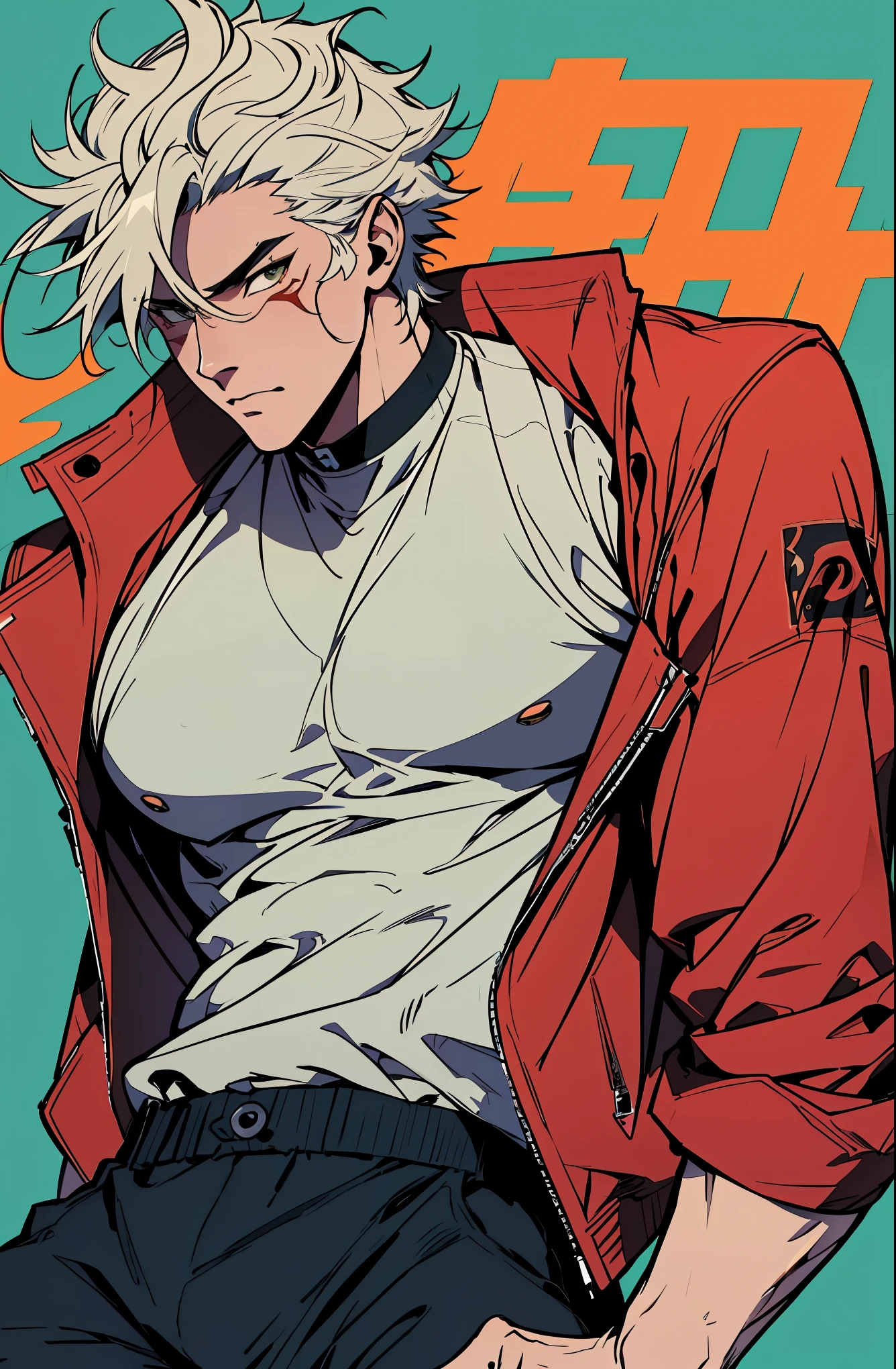 a mais alta qualidade, 8k, high resolution image, Jujutsu Kaisen estilo anime , Arataki Itto, Detailed strokes, fundo desfocado, (um estilo de capa de revista), luz roxa refletindo nele , (angulo de perto), 1 homem, jovem, macho, modelo, front with hand in pants pocket , multicolored background with various geometric shapes , em volta adesivos, musculoso, cabelo vermelho e branco, peitoral inchado, wearing a tight shirt , olhos marcantes , com a camisa, peitoral inchado