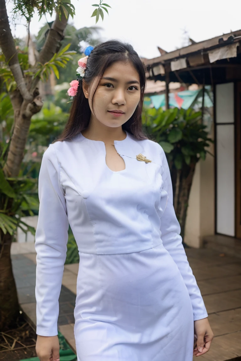 A pretty Asian girl portrait ,Burmese,ars, 、Neat sailor suit, Half body portrait,realisitic、超A high resolution, medium breast, sharp eyes, wearing longyi myanmar dress,