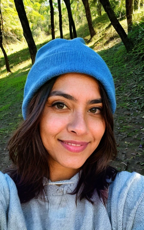 fotografia, foto de mulher bonita, selfie, tronco, Sozinho, wearing pullover, ao ar livre, (noite), montanhas, natureza da vida real, estrelas, Lua, alegre, feliz, luvas, sweater, gorro, floresta, pedras, rio, madeira, smoke, Mist, olhando para o espectador, textura da pele, Grain Photo, fechar-se, foto crua