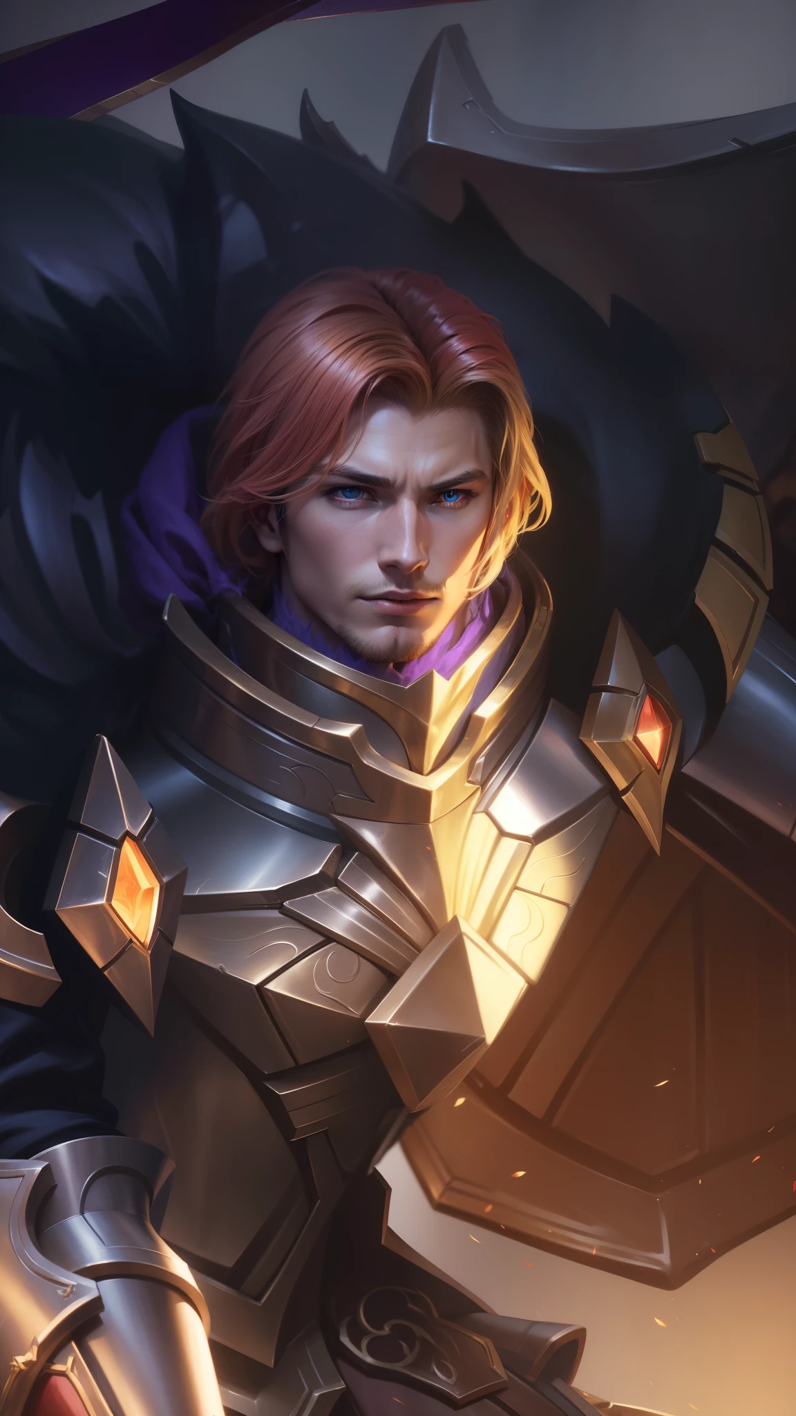 1man, 30 years old, Blonde hair, cosplayer, handsome man, waite and red armor, Aamon Mobile Legend, Realistic, Ultra detail,