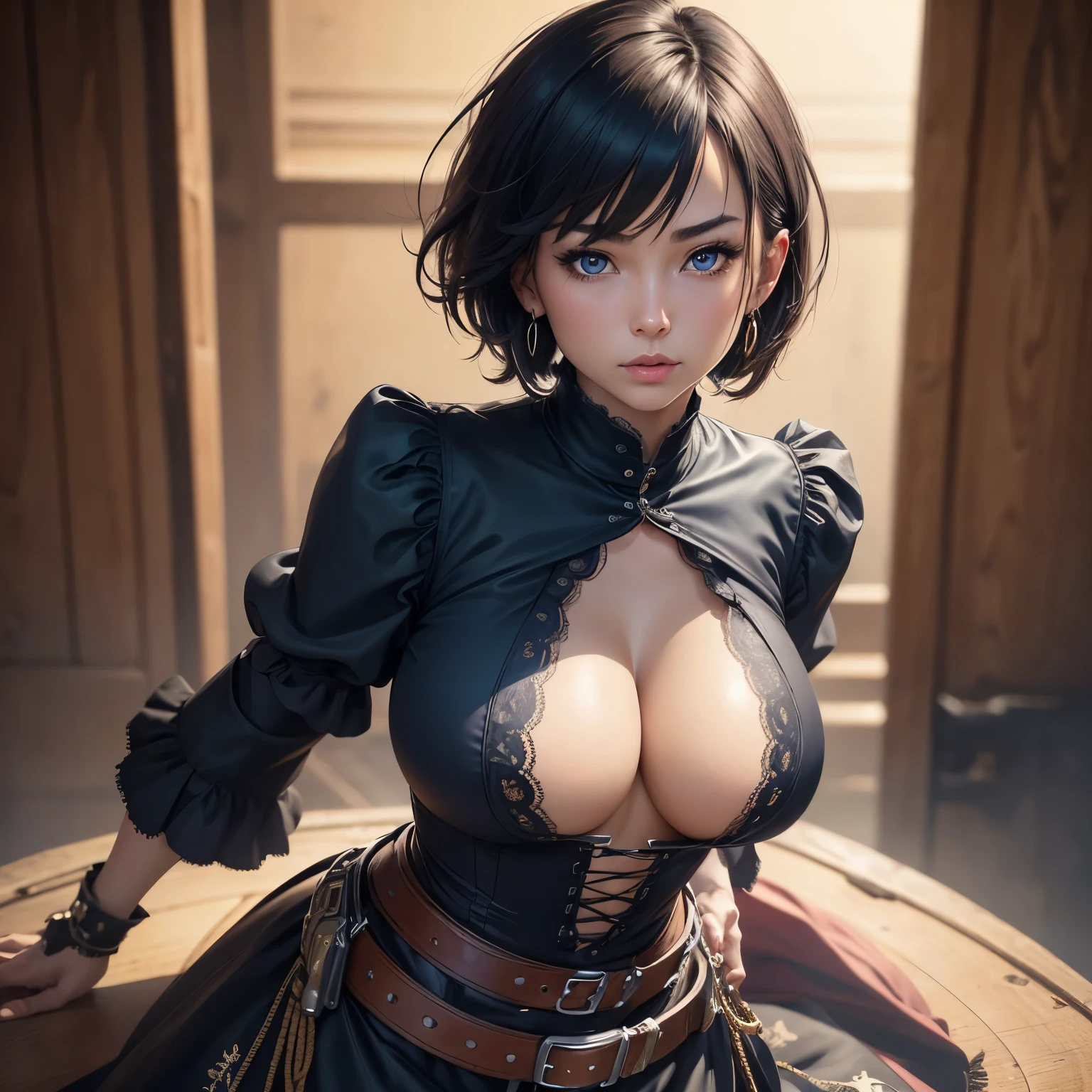 8k, masterpiece, best quality, realistic, higly detailed, cowboy shot, 1girl, solo, Ichika Nakano, very short hair that has a single long strand on the right side, hair, a single earring, dark blue eyes, average height, well-endowed figure, large breasts, cute, Goth