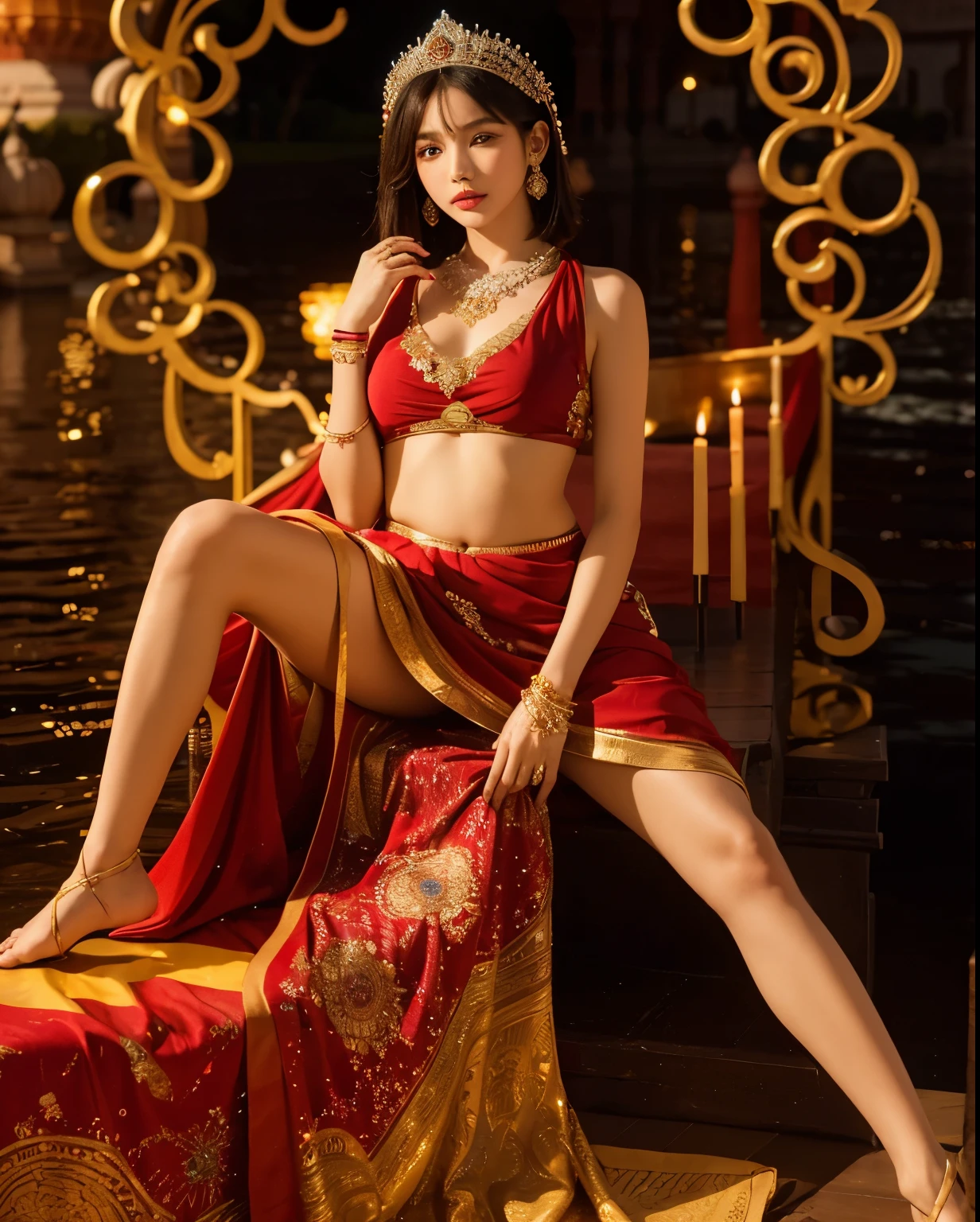 (Best quality, 8k, 32k, Masterpiece, UHD:1.2) "Generate a captivating artwork featuring a young Japanese girl model with short, sleek black hair styled in a chic bob haircut. Envision her wearing a traditional Indian dress, striking a sensual and elegant pose at the luxurious Taj Mahal in India. Place her by a serene pond within the Taj Mahal's opulent surroundings, capturing the reflections of the iconic structure in the water. Illuminate the scene with soft, warm lighting to enhance the romantic and enchanting atmosphere. Highlight the intricate details of the traditional Indian dress, incorporating vibrant colors and patterns that harmonize with the cultural setting. Emphasize the fusion of sensuality and cultural appreciation as the model engages with the timeless beauty of the Taj Mahal and its surroundings, creating a moment of serene beauty and cultural harmony."