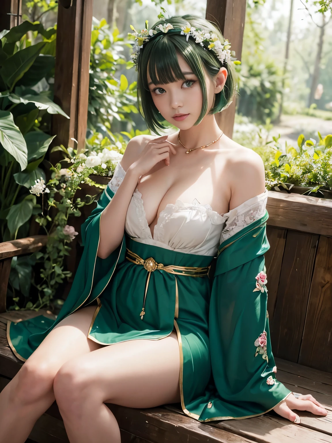 (masterpiece、8K、Super detailed、highest quality:1.5),((super cute)),best image quality,1 woman,Two-dimensional beauty,(short hair,Emerald hair,Emerald eyes:1.3),(Mysterious Forest,Beautiful flower garden:1.3),(She wears an emerald fantasy long robe all over her body.),jewelry,(petal headband:1.3),No sleeve,sitting on one&#39;s knees in a flower garden,smile,beautiful detailed hands