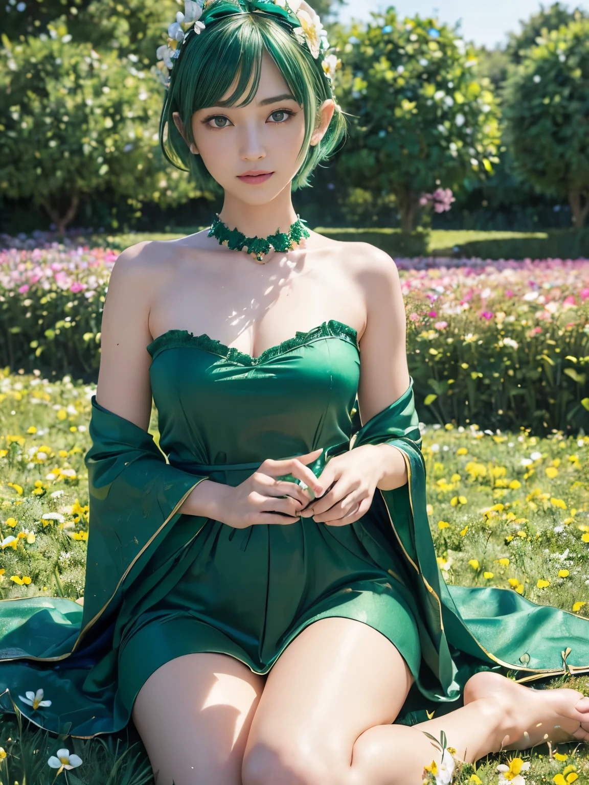 (masterpiece、8K、Super detailed、highest quality:1.5),((super cute)),best image quality,1 woman,Two-dimensional beauty,(short hair,Emerald hair,Emerald eyes:1.3),(Beautiful flower garden:1.3),(She wears an emerald fantasy long robe all over her body.),jewelry,(petal headband:1.3),bare shoulders,sitting on one&#39;s knees on a flower field,smile,beautiful detailed hands