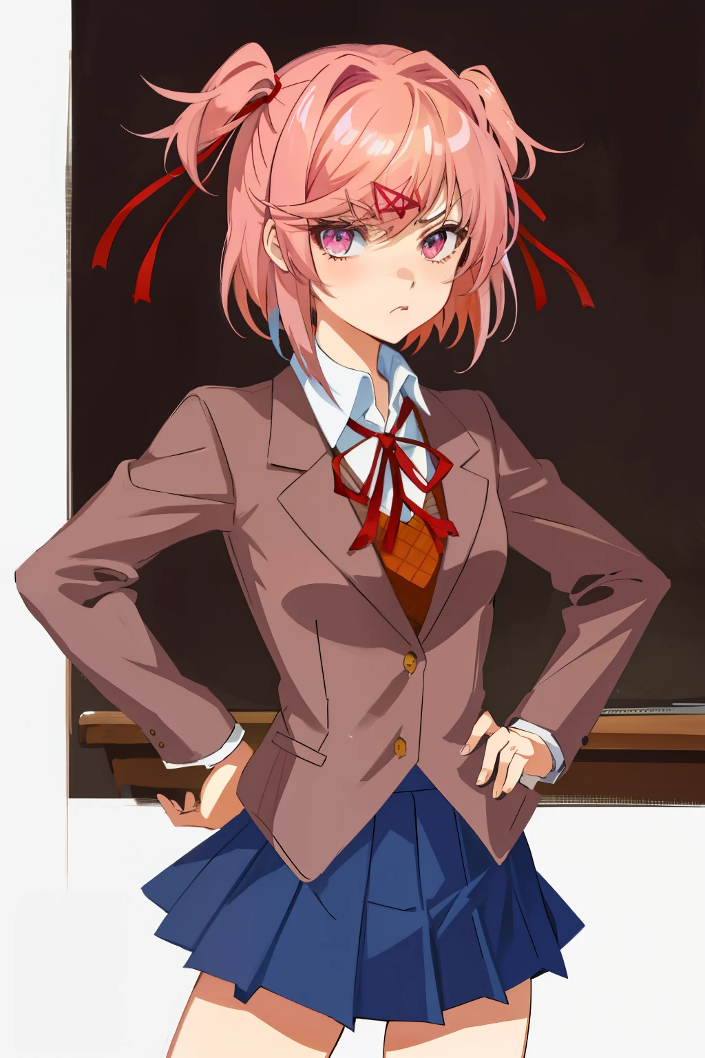 2d, masterpiece, best quality, anime, highly detailed, cowboy shot, 1girl, solo, natsuki, pink eyes, pink hair, medium hair, two side up, hair ribbon, hair ornament, , blazer, brown sweater, collared shirt, neck ribbon, blue skirt, standing, hands on hips, pouty lips, classroom