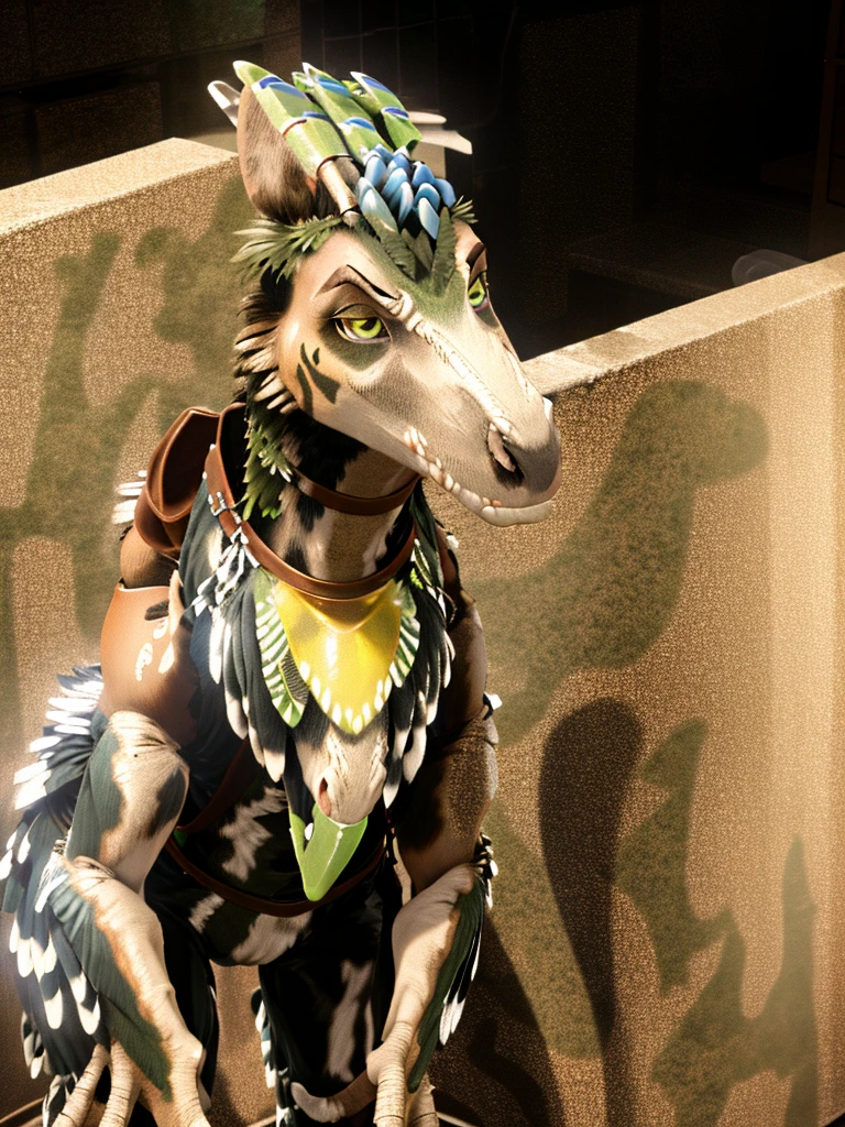 Ultra high resolution, best quality, masterpiece, mirror selfie, (half transformation), human feathered deinonychus animatronic fursuit hybridization metamorphosis, wearing saddle bridle bit and harness, in dark abandoned unlit bathroom, (part human:1.6) (part feral:1.3), (green:1.9) (brown:1.5) (tan:1.4) (striped:1.2) (spotted:1.1), ((liquid goo partial dripping encasement)), Five nights at Freddy’s style, red black pink, you stare at your reflection in horror as you morph into a decrepit deinonychus animatronic