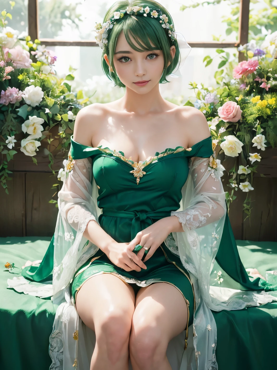 (masterpiece、8K、Super detailed、highest quality:1.5),((super cute)),best image quality,1 woman,Two-dimensional beauty,(short hair,Emerald hair,Emerald eyes:1.3),(Beautiful flower garden:1.3),(She wears an emerald fantasy long robe all over her body.),jewelry,(petal headband:1.3),bare shoulders,sitting on one&#39;s knees,smile,beautiful detailed hands