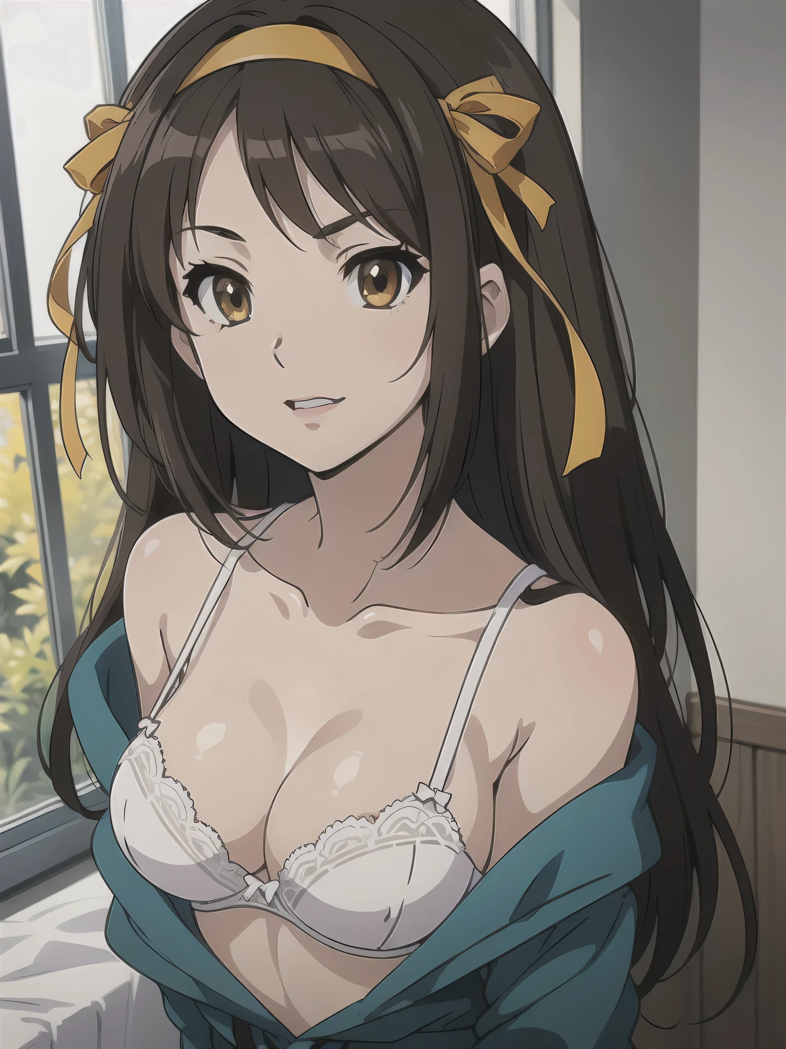 (A superb exquisite haruhi suzumiya), (haruhi suzumiya:1.5), (kyoani haruhi style Uniform:1.5), brown eyes, brown hair, natural straight hair, hairband, ribbon, straight bangs, solo, nature, extremely delicate, straight facial features, peerless beautiful girl, soft, (sensual face), ((ecchi face)), dreamy quality, exaggerated facial features, solid color, frank holly, delicate face, bright lips, slender waist, soft curves, real light and shadow, super fine, 4k, natural moving, Ultra high resolution, (masterpiece:1.2, best quality), (finely detailed beautiful eyes: 1.2), (beautiful detailed face), sexy semi-nude model, sexy pose, Ultra high definition white bra and panties, erect nipples,Medium chest, slender body, (bedroom),