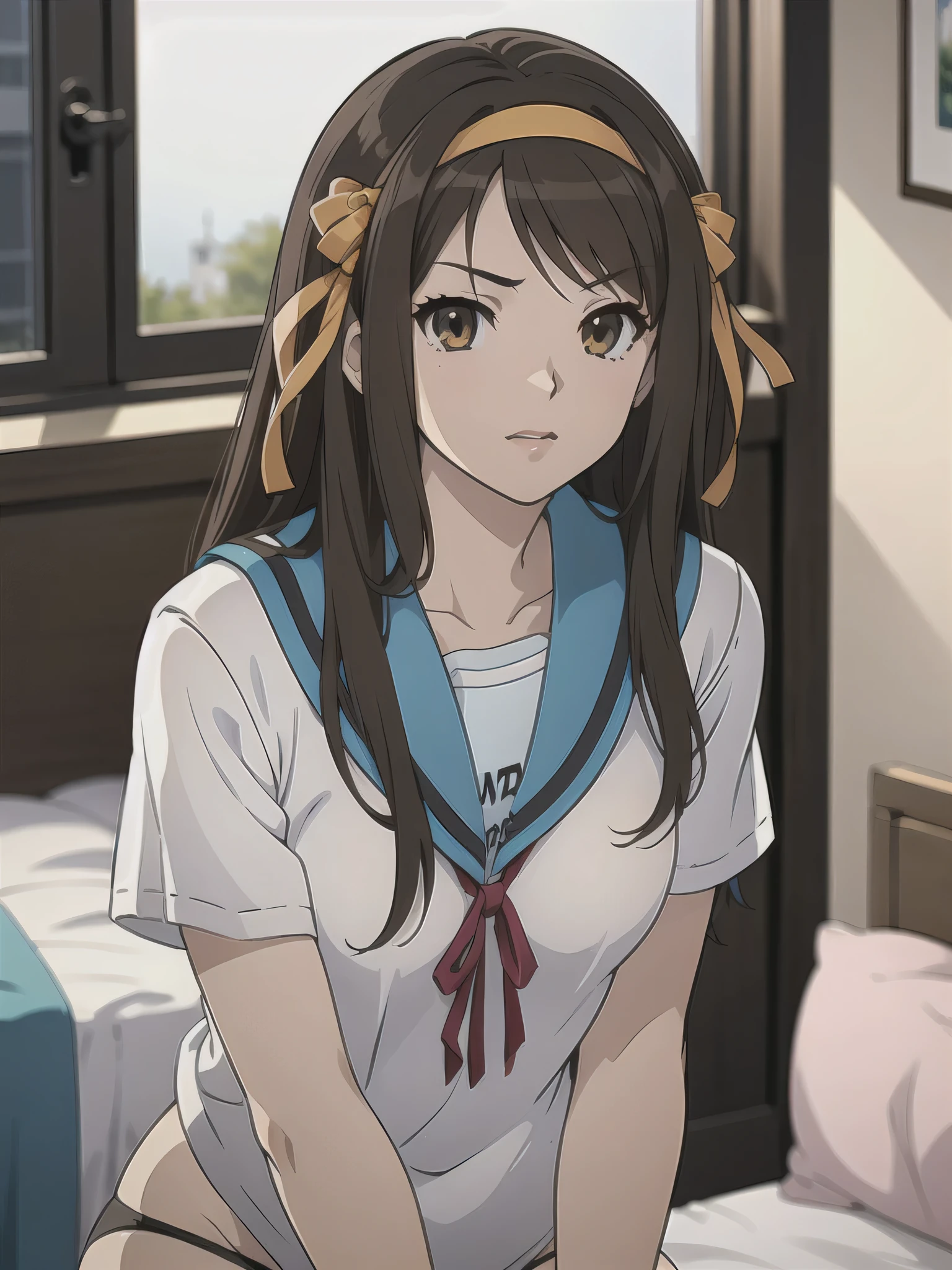 (A superb exquisite haruhi suzumiya), (haruhi suzumiya:1.5), (kyoani haruhi style Uniform:1.5), brown eyes, brown hair, natural straight hair, hairband, ribbon, straight bangs, solo, nature, extremely delicate, straight facial features, peerless beautiful girl, soft, (sensual face), ((ecchi face)), dreamy quality, exaggerated facial features, solid color, frank holly, delicate face, bright lips, slender waist, soft curves, real light and shadow, super fine, 4k, natural moving, Ultra high resolution, (masterpiece:1.2, best quality), (finely detailed beautiful eyes: 1.2), (beautiful detailed face), sexy semi-nude model, sexy pose, Ultra high definition white bra and panties, erect nipples,Medium chest, slender body, (bedroom), 