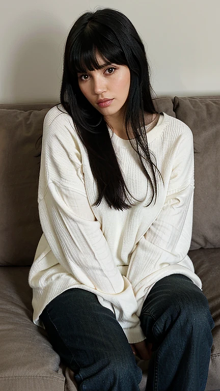 realistic, 1woman, long black hair, black eyes, white cold clothes, sitting in a sofa
