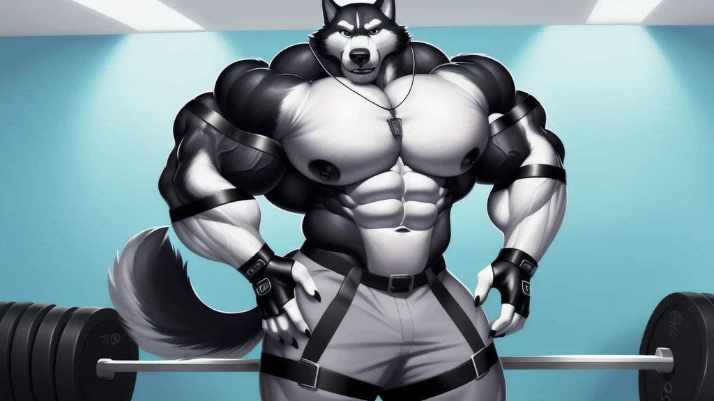 (upload on e621), (((black arm band with buckles on biceps))), (((black arm band with buckles on forearms))), (((hips straps))), (Masterpiece), (best quality), (ultra high res), 4K, (8k HD), 2D, (perfect anatomy), (digital art), (official art), (extreme detailed), (ultra detailed), (strapsanime), color, (soft shading), (sharp focus), (((inside gym fitness background))), 1man, black body fur, (((black muscular arms))), white pecs and belly, detailed fluffy fur, (ultra detailed face), detailed eyes, detailed iris eyes, detailed blue eyes, white sclera, black pupils, navel, square chin, (((abs))), (((pectoral))), (((flexes muscles pose))), (((black claw nails))), furry husky male, mature male, (((giant size))), (((macro size))), (((full body))), (((black giant bulky muscular body fur))), canid, (((huge black nipples))), (huge muscles), (((hyper muscles))), (((huge pecs))), (((oversize pecs))), (((giant biceps))), canine, canis, mammal, black husky, (((powerful husky))), husky male, fierce face, serious expression, husky anthro, solo, standing, (((black long hair))), (((perfect fingers))), (((five fingers))), (((white hands and fingers))), (((wearing fingerless black leather gloves))), (((wears black leather fingerless gloves))), (((wears black arm band with buckles on biceps))), (((wears black arm band with buckles on forearms))), (((hip straps))), (((wear necklaces three wolf teeth pendant))), (((black and white underside long husky tail))), (((gray long pants with straps on both legs)))