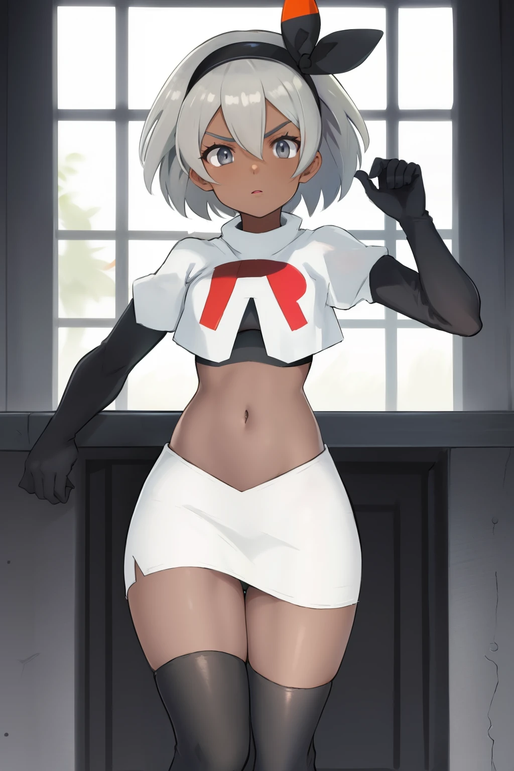 bea pokemon, black hairband, hair bow, dark-skinned female,hair between eyes, grey hair, short hair,grey eyes ,team rocket,team rocket uniform,white skirt,crop top,black thigh-highs,black elbow gloves,