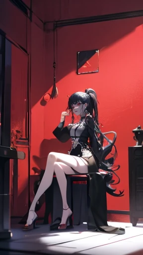 Rainbow style, woman with long hair, sitting on a chair in the room, the background is in a Chinese-style room, facing forward, looking down, smiling, crossing her legs, holding a kissel ing