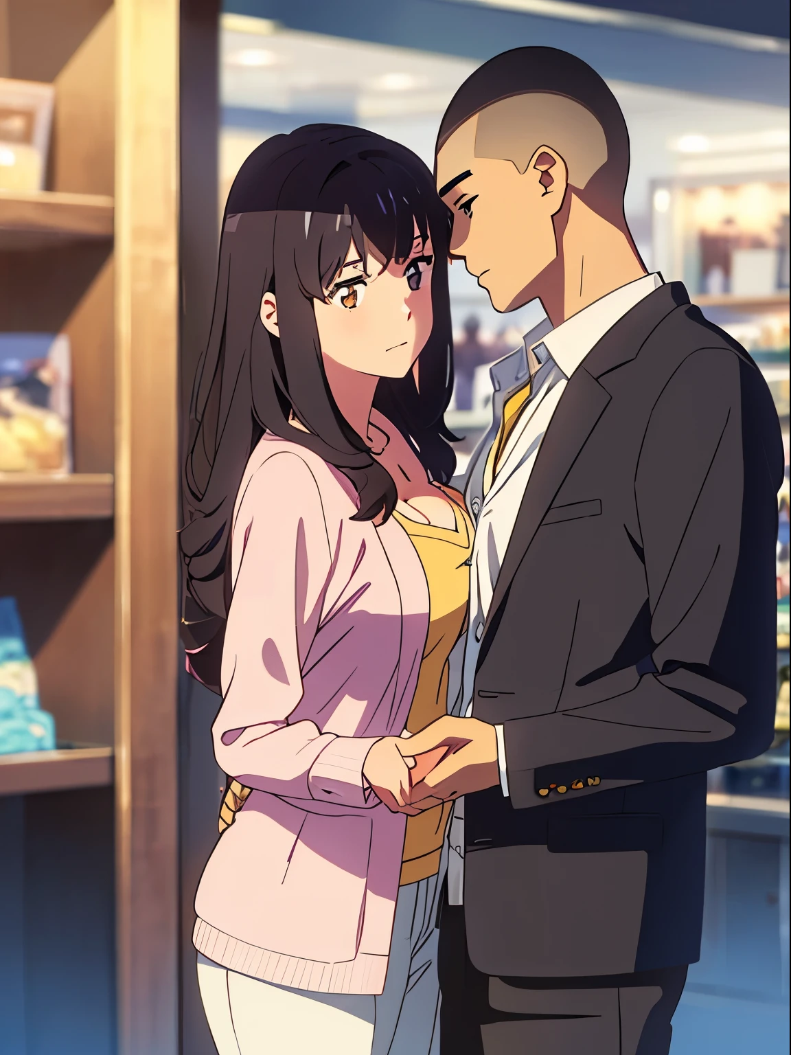 masterpiece:1.6, best quality), finely detailed beautiful eyes: 1.2), colorful, shinkai makoto, kimi no na wa., 1boy, buzzcut, muscular, brown eyes, office worker suit, boy caressing girl's body, breast groping, breast grope, hold breast, 1girl, bangs, black hair, brown eyes, waterfall braid, red ribbon, long hair, long sleeve light pink cardigan, open shirt, yellow shirt, cleavage, breast, medium breast, black pants, indoors, jewelery shop, mall, cowboy shot, face to face