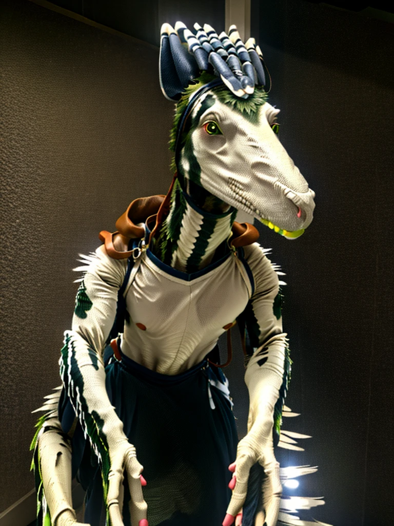 Ultra high resolution, best quality, masterpiece, mirror selfie, (half transformation), human feathered deinonychus animatronic fursuit hybridization metamorphosis, wearing saddle bridle bit and harness, in dark abandoned unlit bathroom, (part human:1.6) (part feral:1.3), (green:1.9) (brown:1.5) (tan:1.4) (striped:1.2) (spotted:1.1), ((liquid goo partial dripping encasement)), Five nights at Freddy’s style, red black pink, you stare at your reflection in horror as you morph into a decrepit deinonychus animatronic