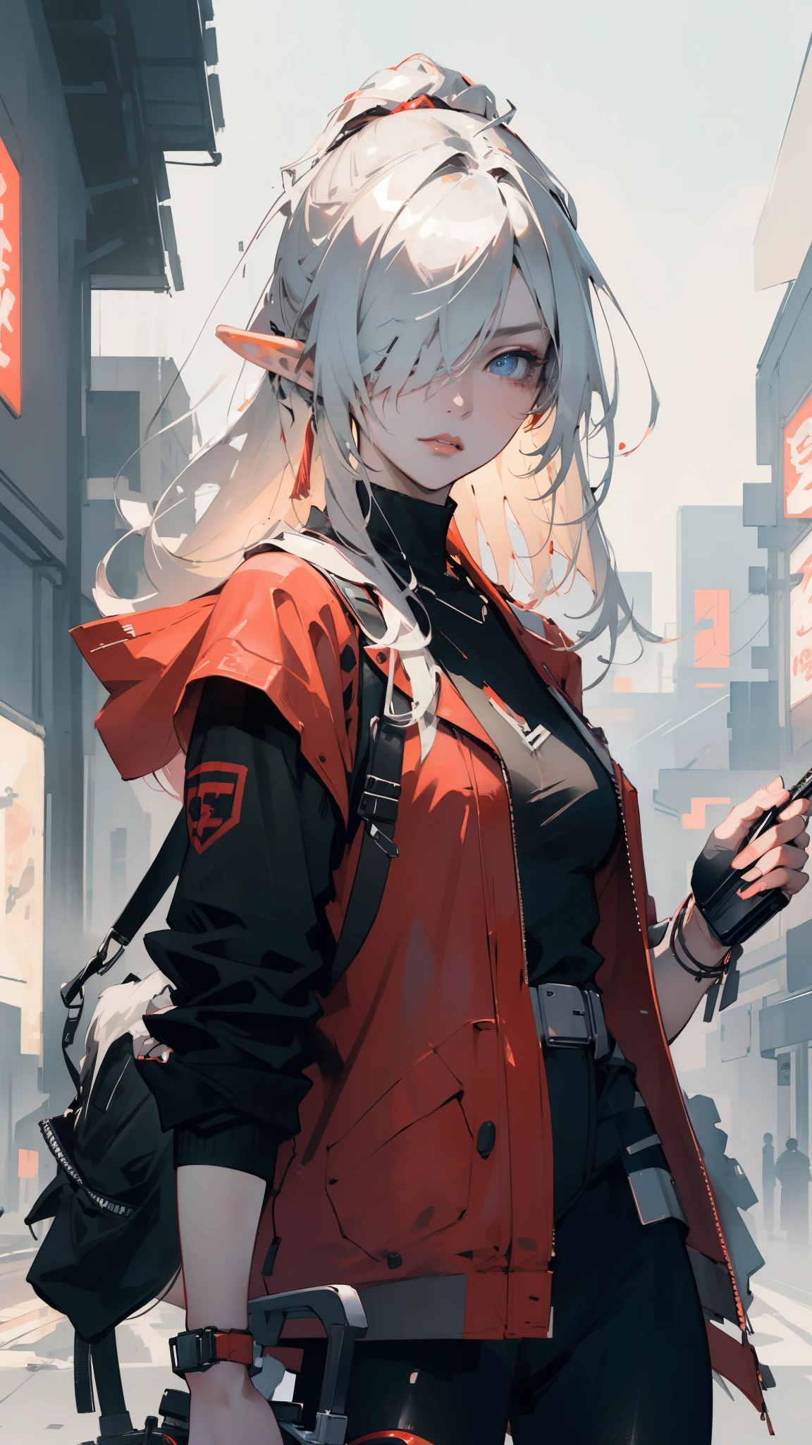 ((masterpiece )), (top quality), (best quality), ((ultra-detailed, 8k quality)), Aesthetics, Cinematic lighting, (detailed line art), absurdres, (best composition), (high-resolution), Watercolor wash painting, muted colors, warm colors, best quality, delicate brushwork,
BREAK,
Confident cyberpunk elf girl, cowboy shot, looking at viewe, (((Stand in front of the Fixie bike))), white and yellow techwear clothing, yellow and black safety tapes, Simon Bisley style, Eye-catching accessories, Cyberpunk dazzling cityscape, Skyscrapers, neon signs, led lights, (blurry, Dept of field:1.3), Anime painting, Detailed Cloth Texture, Intricate details, artstation, brush work illustration in cyberpunk style by Yoji Shinkawa, by Mikimoto Haruhiko, 
BREAK,
highly detailed of (elf), (1girl), solo, perfect face, details eye, ahoge, ((long hair:1.2)), (hair over one eye:1.3), [[Messy hair]], shiny blonde white hair, blue eyes, multicolored hair, facial marks, (eyelashes, eyeshadow, pink eyeshadow), smile, design art by Mikimoto Haruhiko, by Kawacy, By Yoshitaka Amano,
BREAK, 
((perfect anatomy)), nice body, medium breast, (extremely detailed finger), best hands, perfect face, beautiful face, beautiful eyes, perfect eyes, (perfect fingers), correct anatomy, 