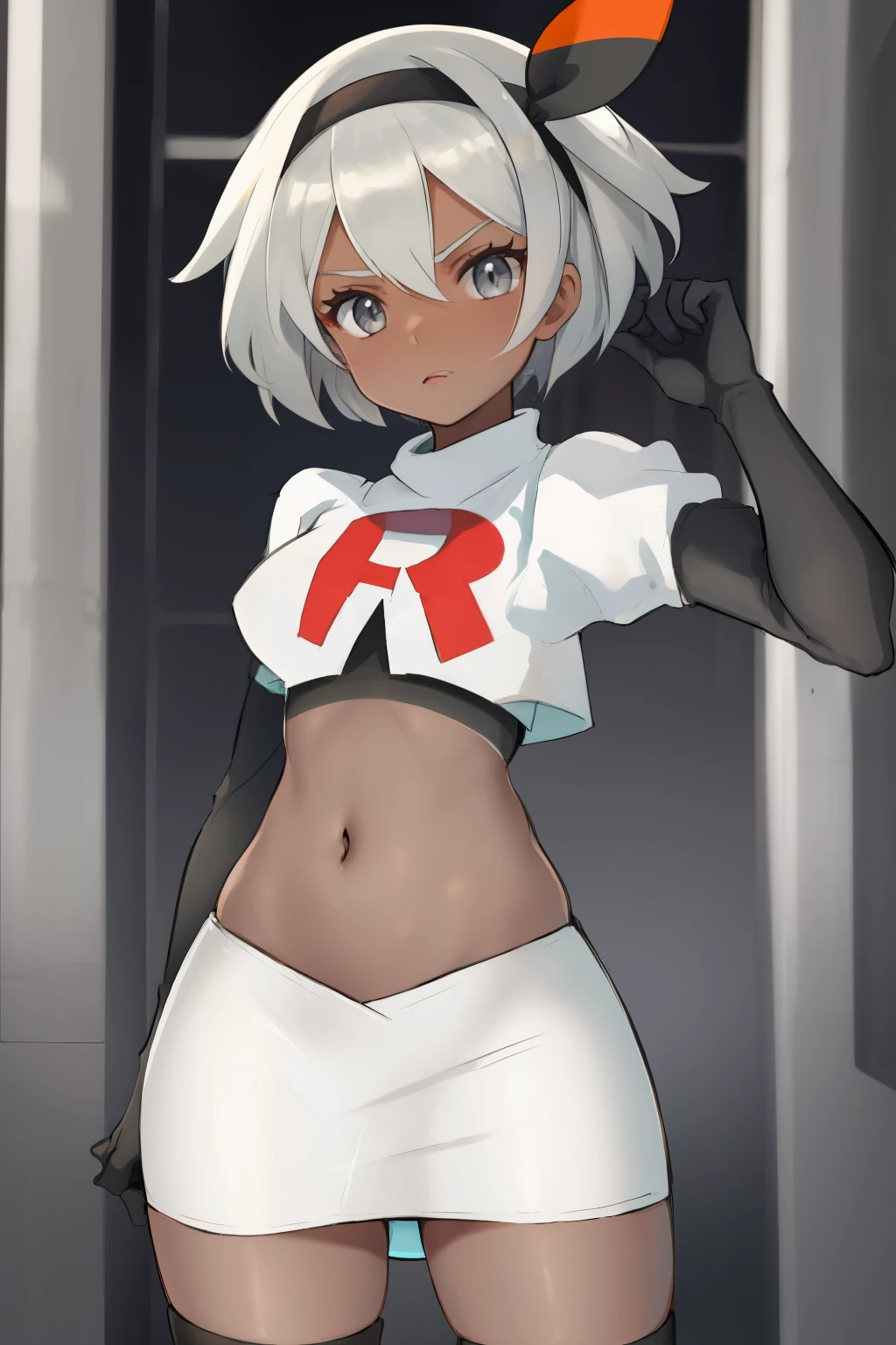 bea pokemon, black hairband, hair bow, dark-skinned female,hair between eyes, grey hair, short hair,grey eyes ,team rocket,team rocket uniform,white skirt,crop top,black thigh-highs,black elbow gloves,