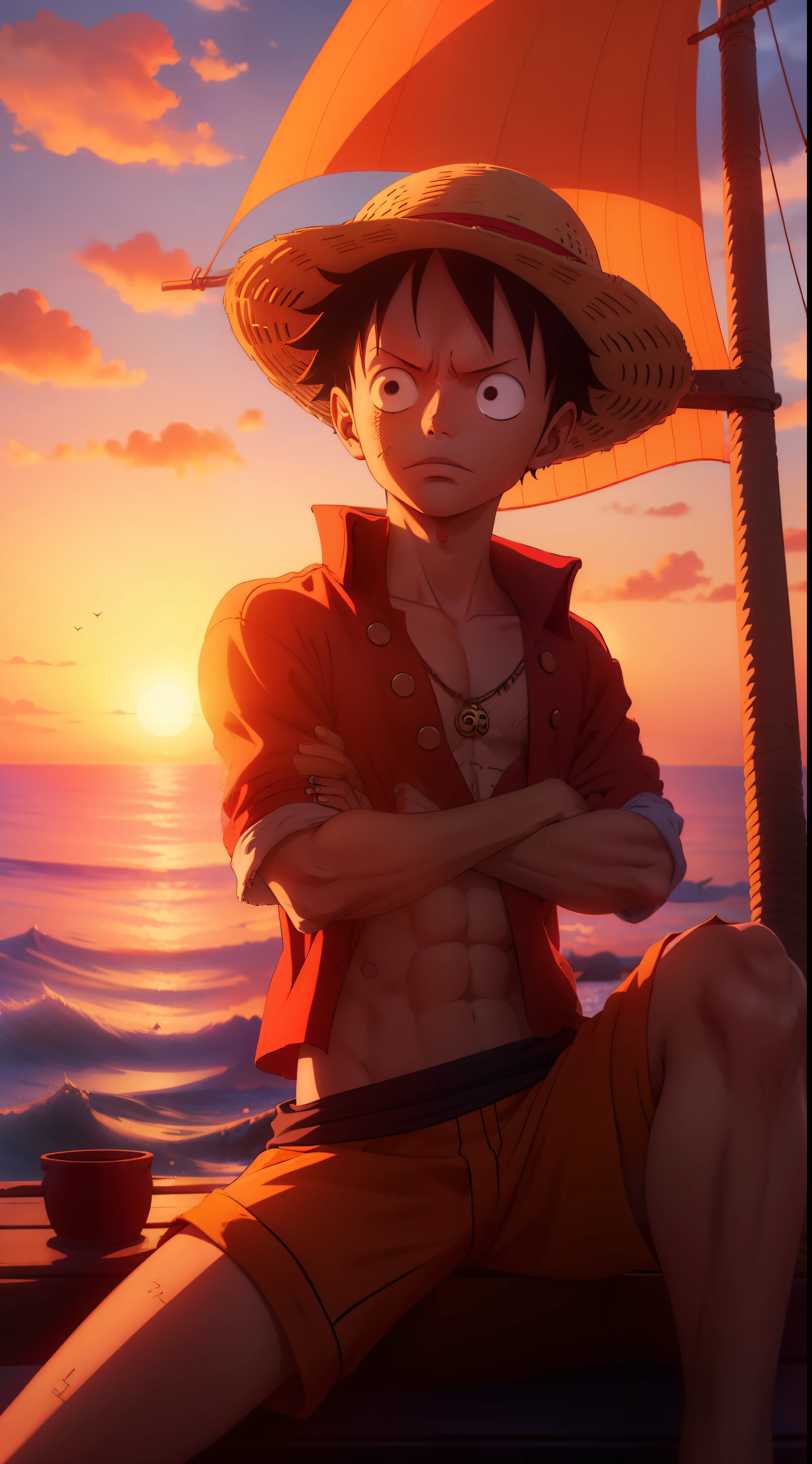 1 boy, monkey d.luffy, a straw hat pirate, sitting pose, ship background thousand sunny logo flag ship straw hat skull,Full hd, sunset glare and aesthetic