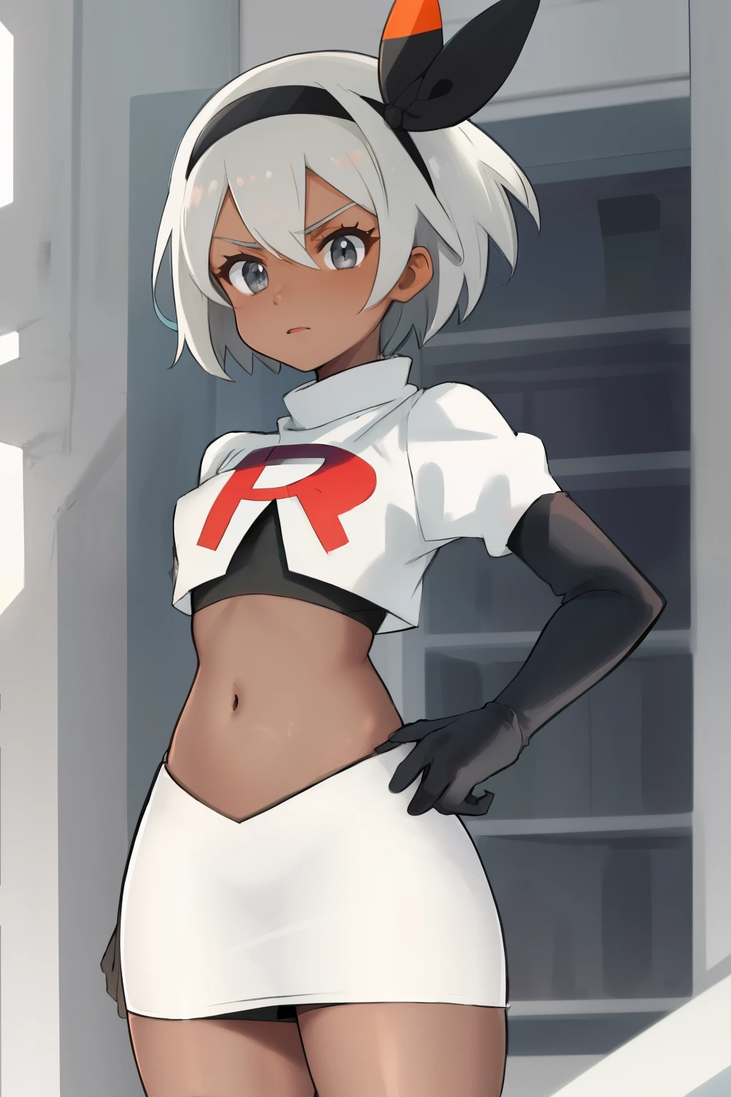 bea pokemon, black hairband, hair bow, dark-skinned female,hair between eyes, grey hair, short hair,grey eyes ,team rocket,team rocket uniform,white skirt,crop top,black thigh-highs,black elbow gloves,