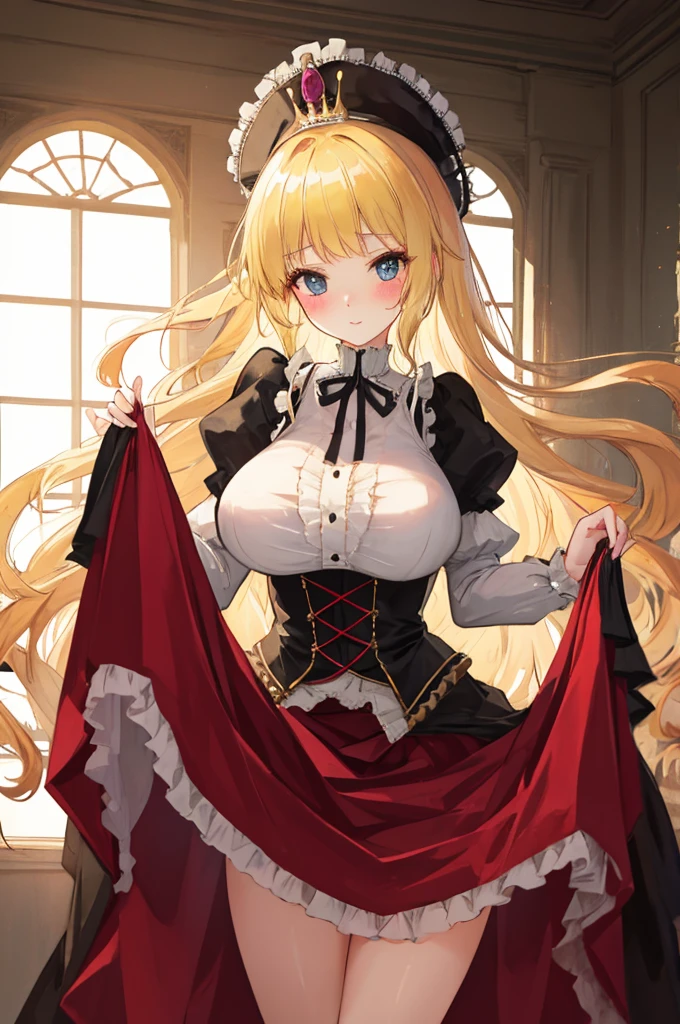 A woman with big ,A princess,long blonde hair,victorian style,translucent,Debauchery,(skirt lift),