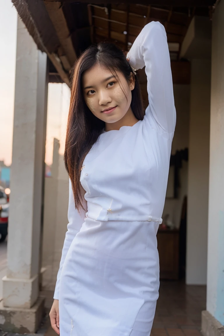 A pretty Asian girl,Burmese,ars,sunrise light 、winter light, Half body portrait,realisitic、超A high resolution, medium breast, sharp eyes, wearing longyi myanmar dress,