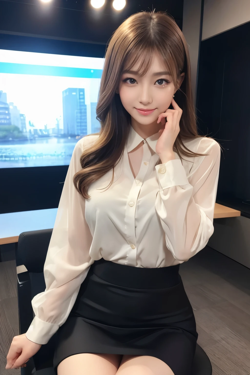 muste piece, best quality, 8K、(Golden Ratio Face、balanced eyes、very gentle eyelids)、double eyelid、beautiful nose、shy smile、lip gloss 、Very beautiful girl、Beautiful girl solo like a model、See photographer、A woman in a suit sits on a chair in a Japanese TV news studio、Tight Skirt