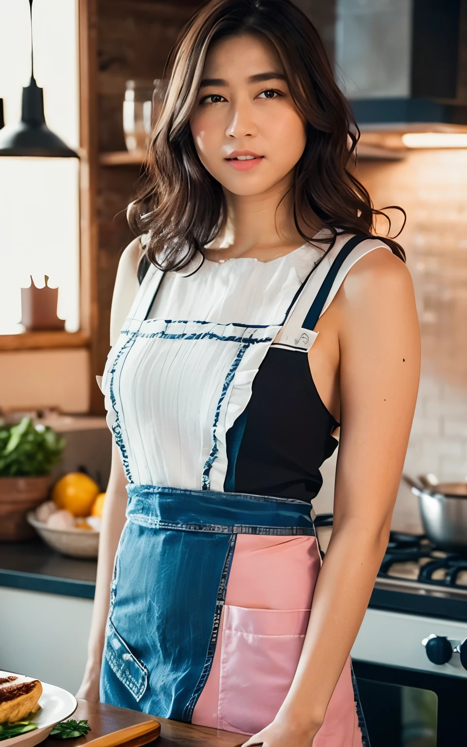 Highly detailed CG Unity 8K wallpaper, With the highest quality, super detailed, Maste Piece, Realistic, photographrealistic, extremely detailed cute girl, 25 years old, blush,, Round eyes, medium breasts, looking viewer, Half body shot  , ((apron)) , kitchin ,  Cooking , (showing   pantie), Wavy hair
