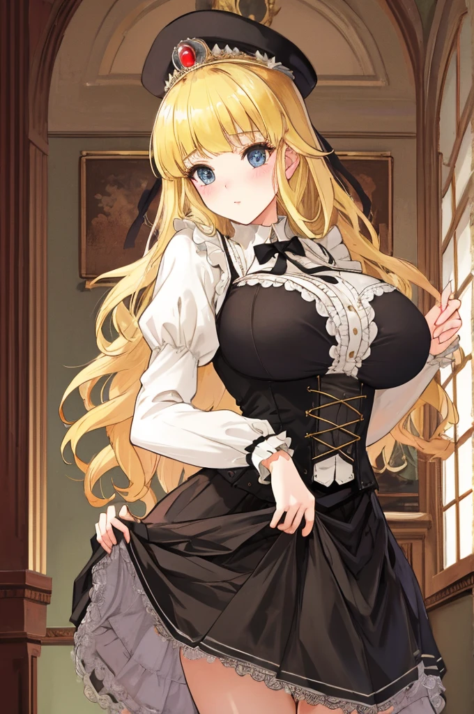 A woman with big ，A princess，long blonde hair，victorian style，translucent，Debauchery，(skirt lift)，