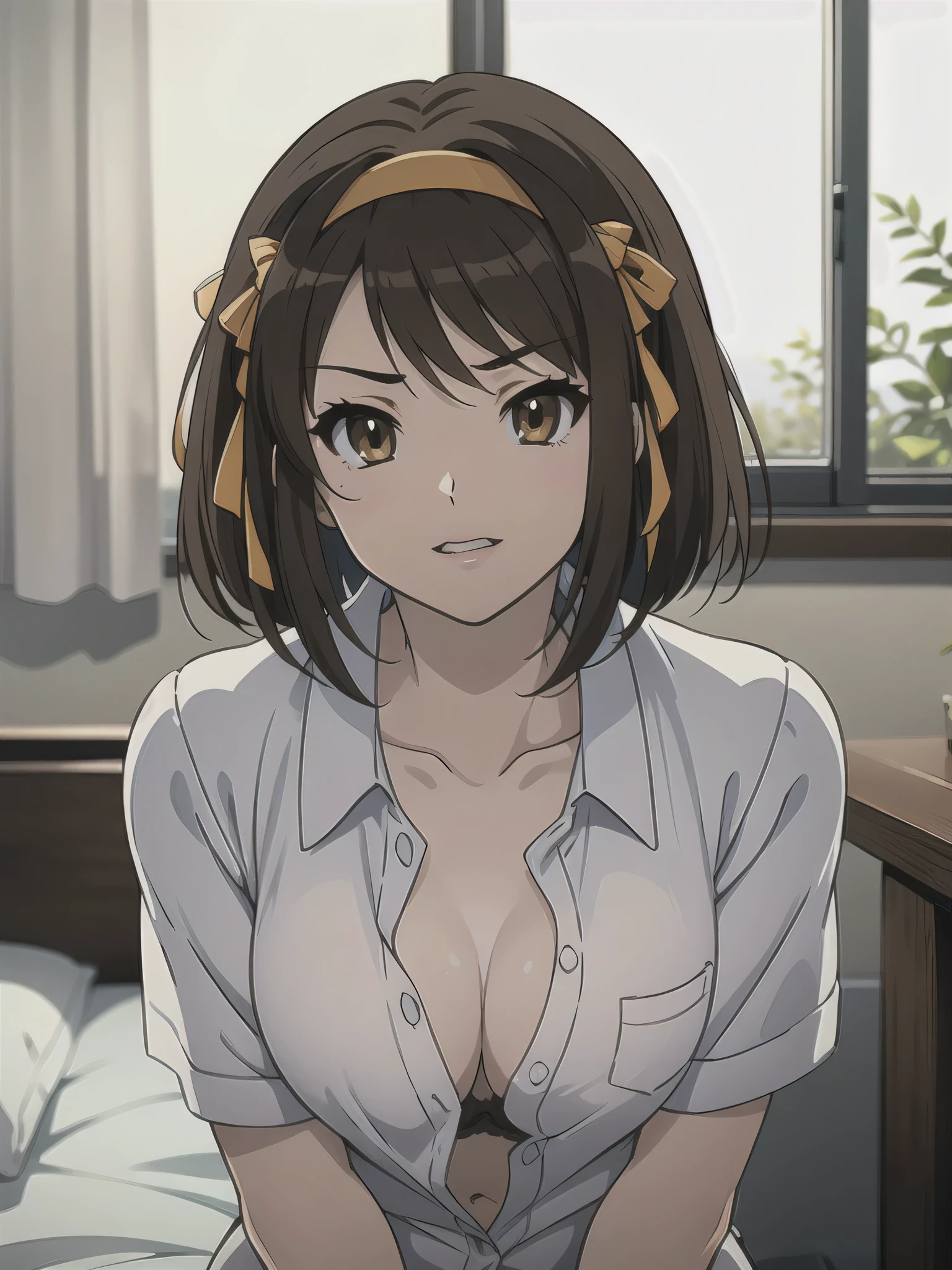 (A superb exquisite haruhi suzumiya), (haruhi suzumiya:1.5), (kyoani haruhi style Uniform:1.5), brown eyes, brown hair, natural straight hair, hairband, ribbon, straight bangs, solo, nature, extremely delicate, straight facial features, peerless beautiful girl, soft, (sensual face), ((ecchi face)), dreamy quality, exaggerated facial features, solid color, frank holly, delicate face, bright lips, slender waist, soft curves, real light and shadow, super fine, 4k, natural moving, Ultra high resolution, (masterpiece:1.2, best quality), (finely detailed beautiful eyes: 1.2), (beautiful detailed face), sexy semi-nude model, sexy pose, Ultra high definition white bra and panties, erect nipples,Medium chest, slender body, (bedroom),