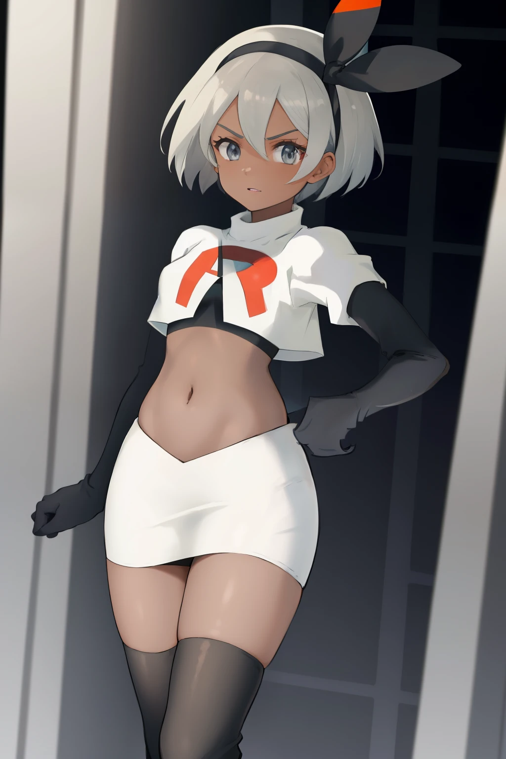 bea pokemon, black hairband, hair bow, dark-skinned female,hair between eyes, grey hair, short hair,grey eyes ,team rocket,team rocket uniform,white skirt,crop top,black thigh-highs,black elbow gloves,