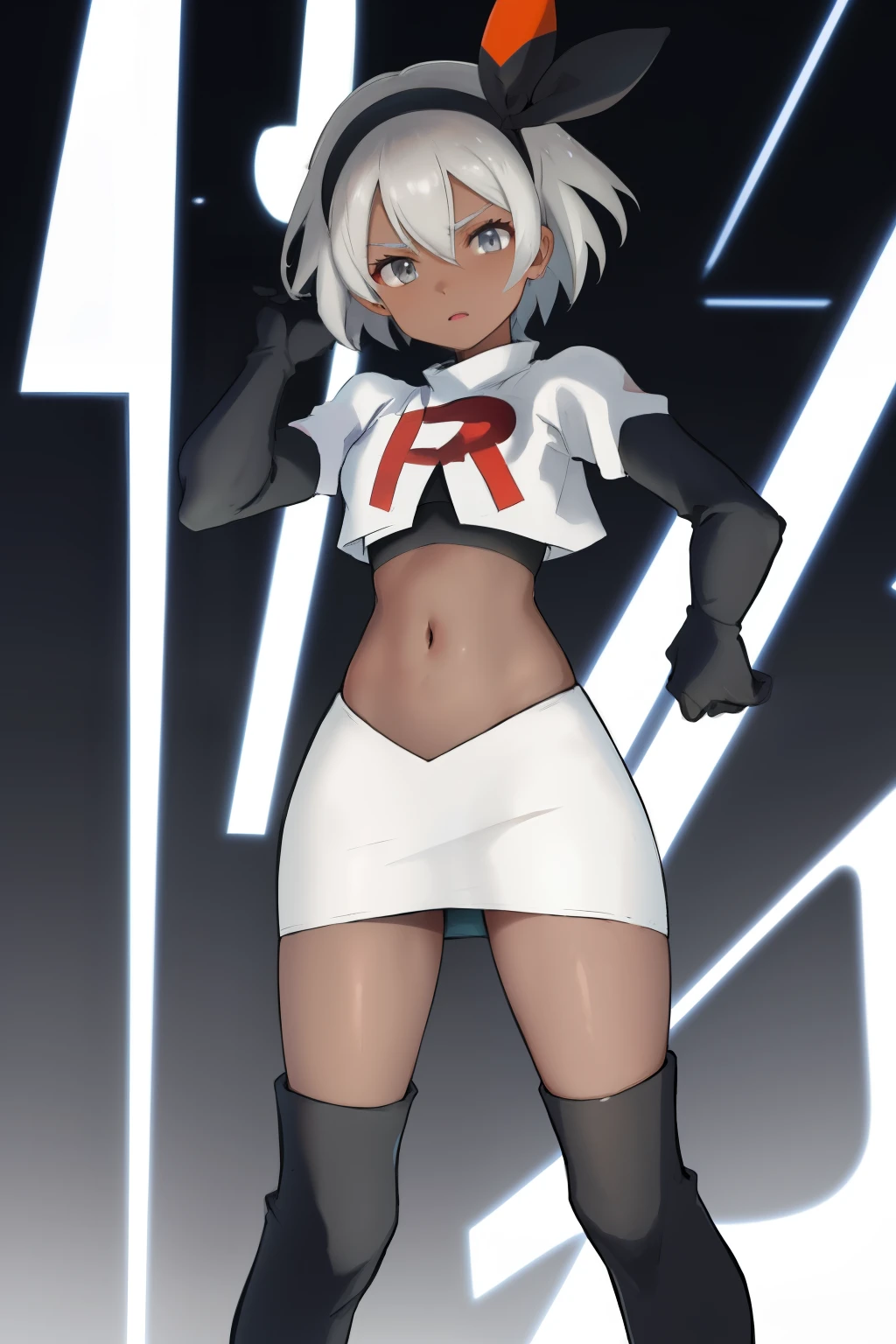 bea pokemon, black hairband, hair bow, dark-skinned female,hair between eyes, grey hair, short hair,grey eyes ,team rocket,team rocket uniform,white skirt,crop top,black thigh-highs,black elbow gloves,