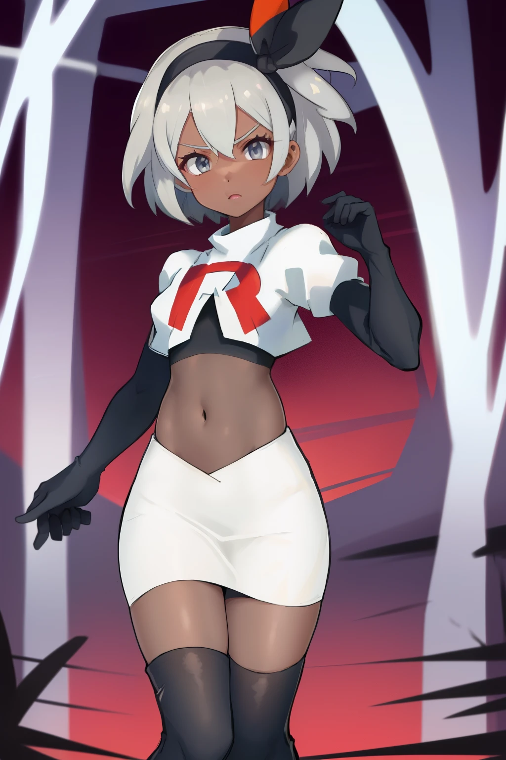 bea pokemon, black hairband, hair bow, dark-skinned female,hair between eyes, grey hair, short hair,grey eyes ,team rocket,team rocket uniform,white skirt,crop top,black thigh-highs,black elbow gloves,