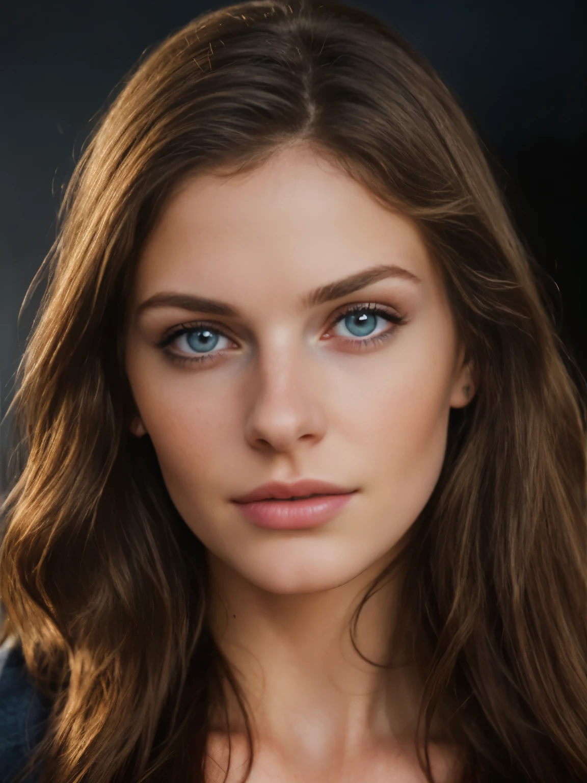 Photography of 1 gorgeous girl from 23 years old , with long brunette hair , dark blue eyes, Photo shoot, Western, (Masterpiece), Best quality, High resolution, Extremely detailed background, Skin with pores, Spectacular lighting, Gorgeous,Cinema lighting completed, close up of the face
