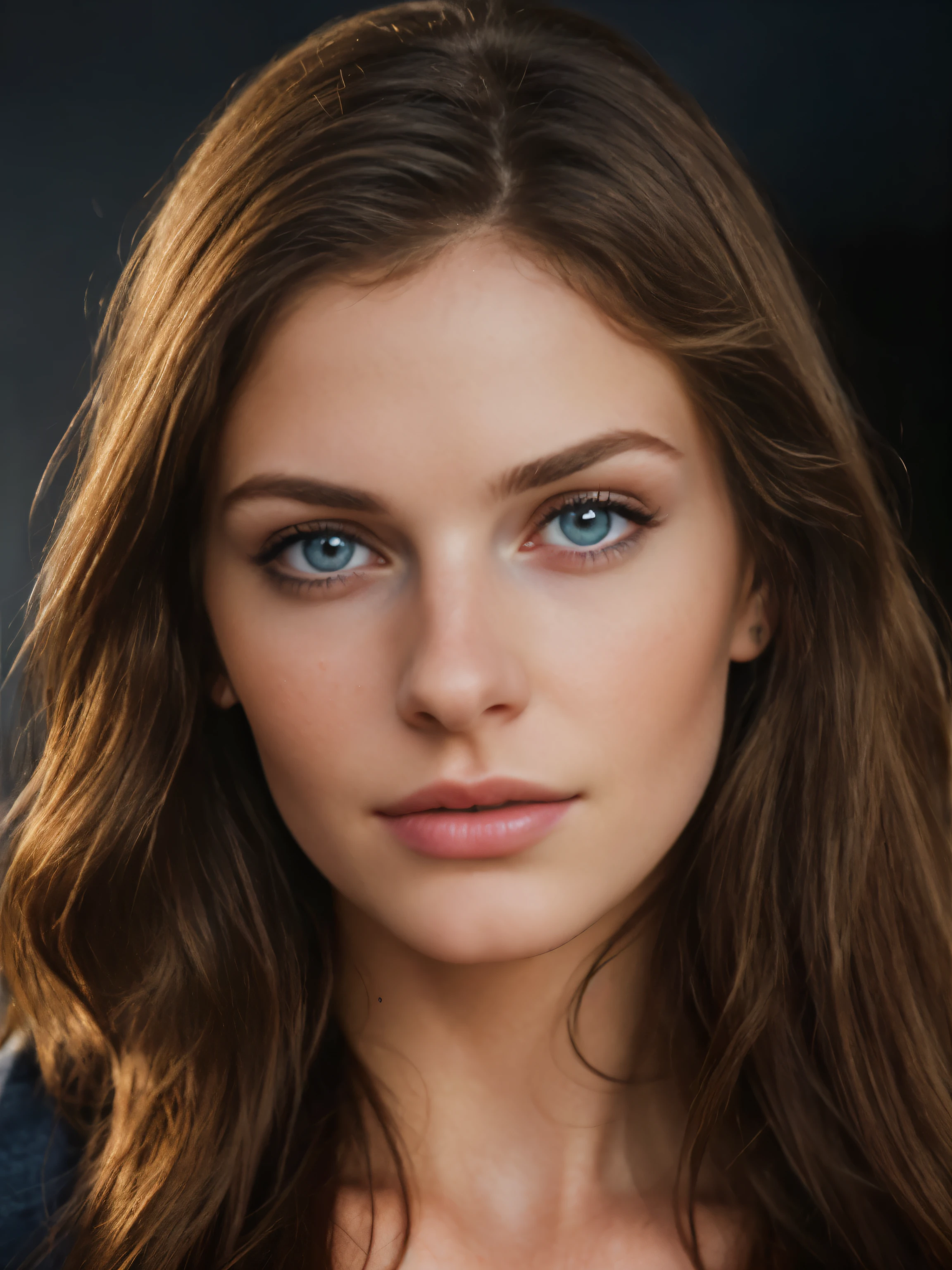 Fotografie eines beautifulen Mädchens im Alter von 23 Jahren , with long brunette hair , dunkelblaue Augen, Foto-Shooting, Western, (Meisterwerk), best quality, high resolution, extremely detailed background, Haut mit Poren, Spectacular lighting, beautiful,Kinobeleuchtung fertiggestellt, Nahaufnahme des Gesichts