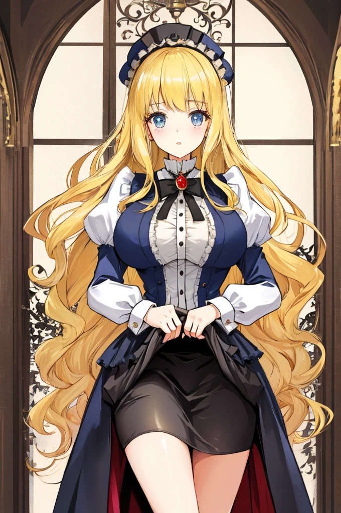 A woman with big ,A princess,long blonde hair,victorian style,translucent,Ultra-short,(skirt lift),