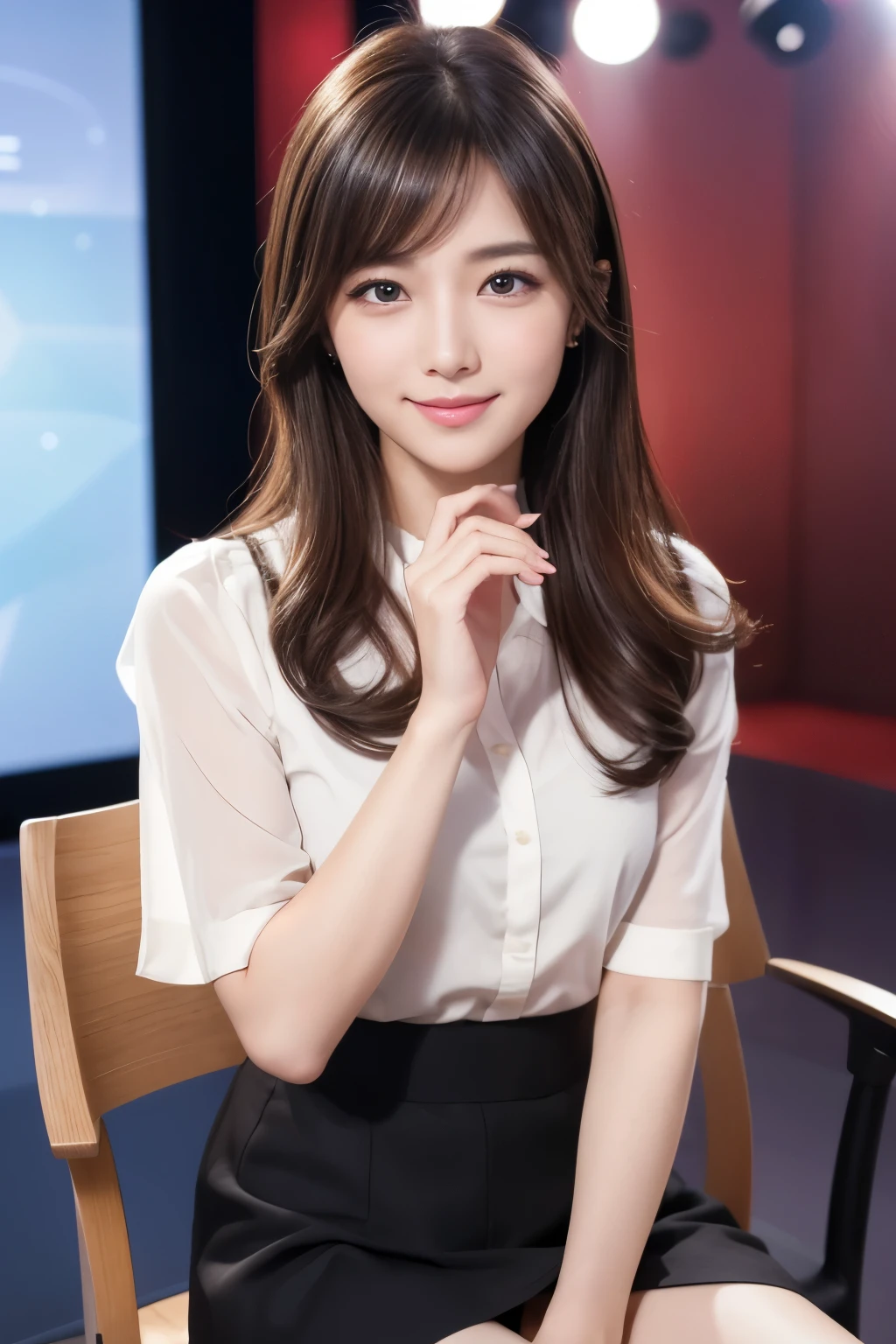 muste piece, best quality, 8K、(Golden Ratio Face、balanced eyes、very gentle eyelids)、double eyelid、beautiful nose、shy smile、lip gloss 、Very beautiful girl、Beautiful girl solo like a model、See photographer、A woman sitting on a chair in a Japanese TV news studio、skirt