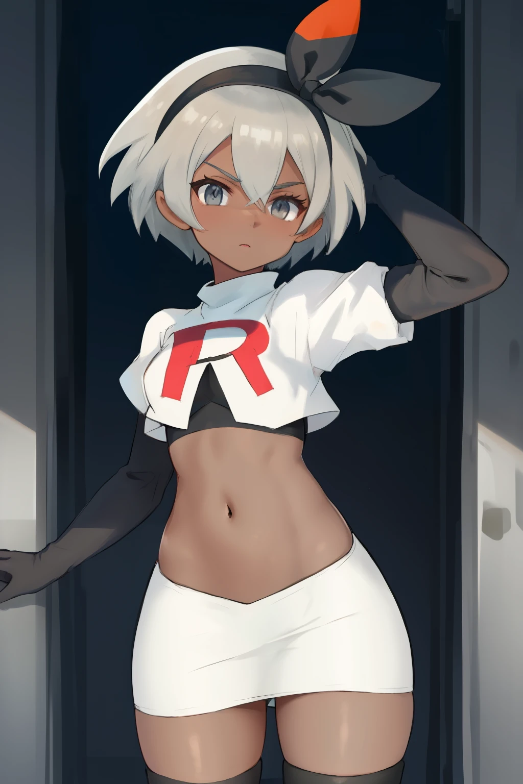 bea pokemon, black hairband, hair bow, dark-skinned female,hair between eyes, grey hair, short hair,grey eyes ,team rocket,team rocket uniform,white skirt,crop top,black thigh-highs,black elbow gloves,