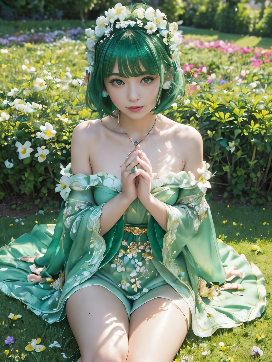 (masterpiece、8K、Super detailed、highest quality:1.5),((super cute)),best image quality,1 woman,Two-dimensional beauty,(short hair,Emerald hair,Emerald eyes:1.3),(Beautiful flower garden:1.3),(She wears an emerald fantasy long robe all over her body.),jewelry,(petal headband:1.3),bare shoulders,sitting on one&#39;s knees on a flower field,smile,beautiful detailed hands