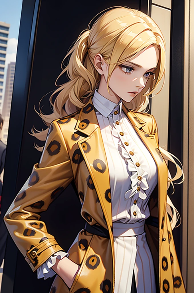 20th generation women,Honey blonde tied back,slender and tall,slender,frill shirt,leopard print coat,