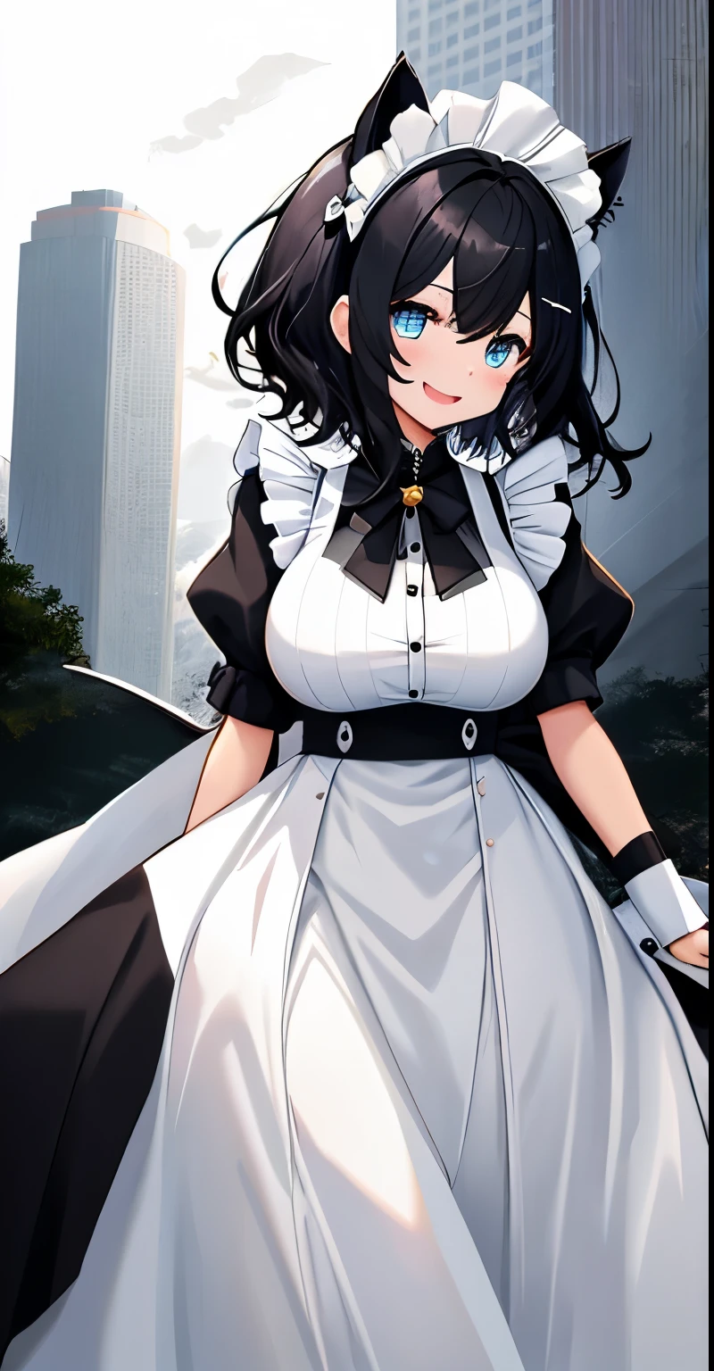 on lap,((((upright)))), ((((arm to the side)))), looking at the viewer, simple background、white background, 1 girl, open your mouth, smile, Virtual YouTuber、with a girl、((highest quality, expensive_solve, clear_image)),(black hair), (black cat ears), (Ahoge), (ridiculously short hair), (wavy hair), (blue eyes),、laughter、very big breasts、concept art、((show viewer))。Dressed in maid clothes。