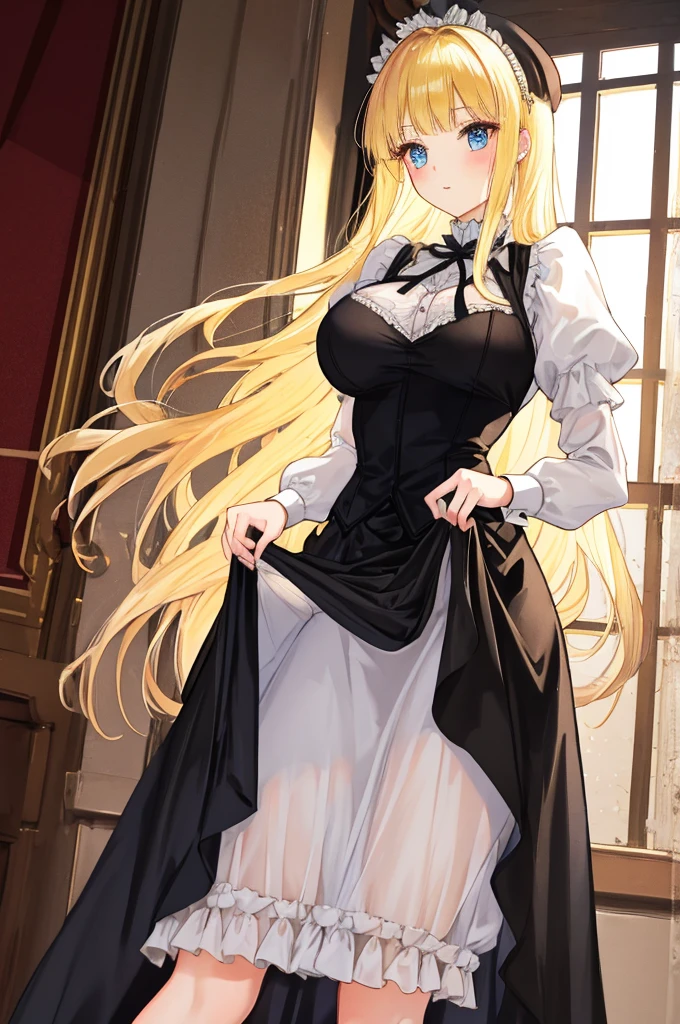 A woman with big ，A princess，long blonde hair，victorian style，translucent，super short princess dress，(skirt lift)，