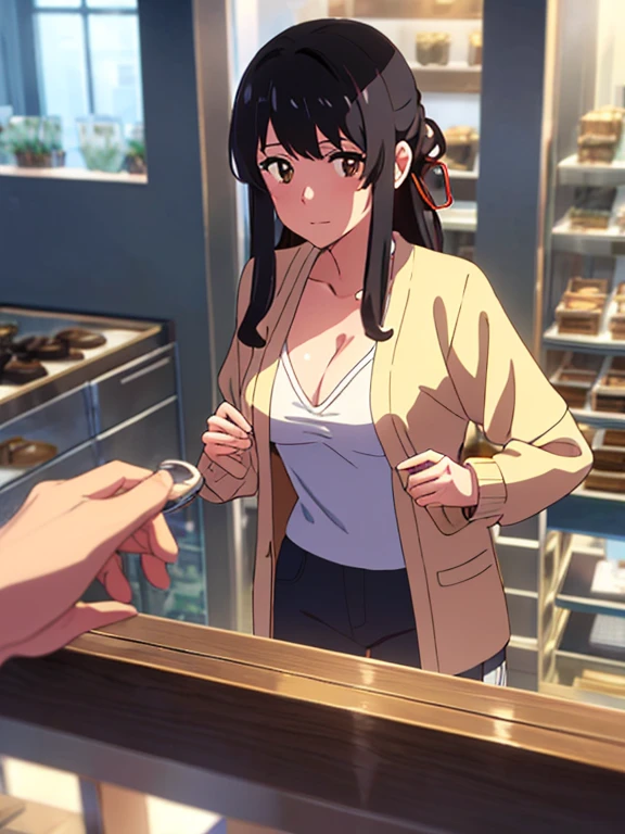 shinkai makoto, kimi no na wa., 1girl, bangs, black hair, brown eyes, waterfall braid, red ribbon, long hair, long sleeve light yellow cardigan, open shirt, yellow shirt, cleavage, breast, medium breast, Orange shirt, name tag written "LUMINE Miyamizu", looking at the viewer, indoors, jewelry products, jewelry shop, jewelry saleswoman, indoors, mall, masterpiece, perfect anatomy, cowboyshot, POV (POV boy's hands holding girl's chest POV)