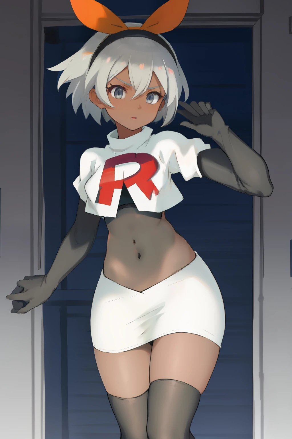 bea pokemon, black hairband, hair bow, dark-skinned female,hair between eyes, grey hair, short hair,grey eyes ,team rocket,team rocket uniform,white skirt,crop top,black thigh-highs,black elbow gloves,