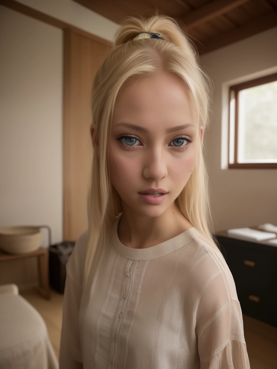 blonde woman with blue eyes and a tan shirt standing in a room, portrait of nordic girl, chica con pelo blanco, cabello rubio y ojos grandes, elfo eva, Retrato suave 8 K, una chica con cabello rubio, frown fashion model, pelo largo y rubio y ojos grandes, portrait of a japanese , retrato de jossi de blackpink, cabello rubio desordenado, cuerpo completo