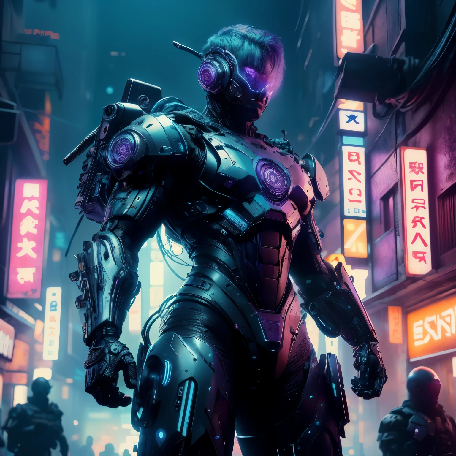 uma foto de 8k ultra realista cyberpunk , corpo inteiro, intricate purple and blue neon armor, ornamentado, cinematic lighting, trend on Artstation, 4k, hiperrealista, focado, detalhes altos, motor irreal 5, cinematic