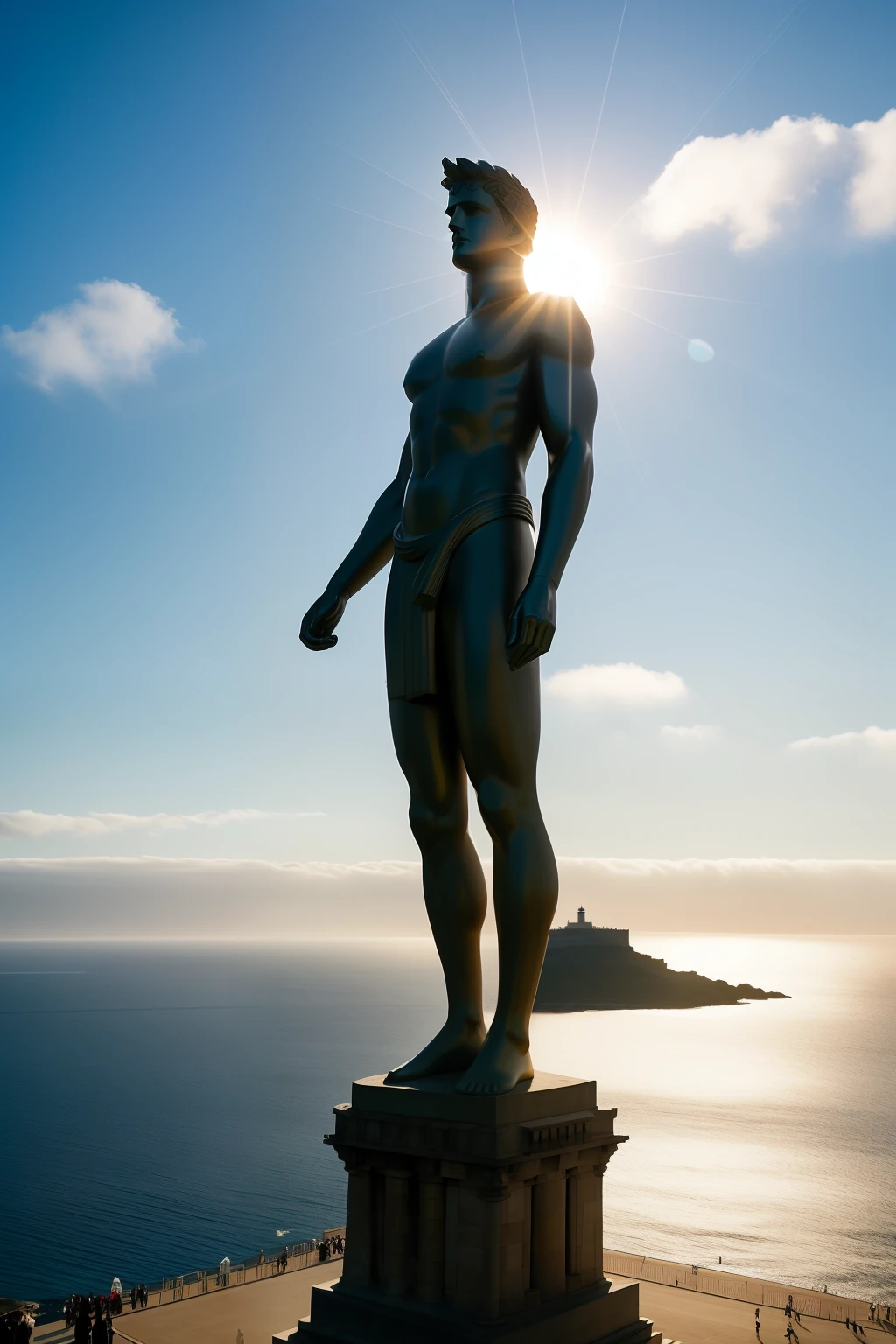The Colossus of Rhodes, one of the Seven Wonders of the Ancient World, stands proudly by the sea, acting as a beacon or lighthouse. The sun casts a golden light upon its ancient form as clouds drift lazily in the sky above. In this realistic photograph, the distant view of the statue against the vast blue mar and the cotton-like clouds creates a breathtaking and iconic scene.
